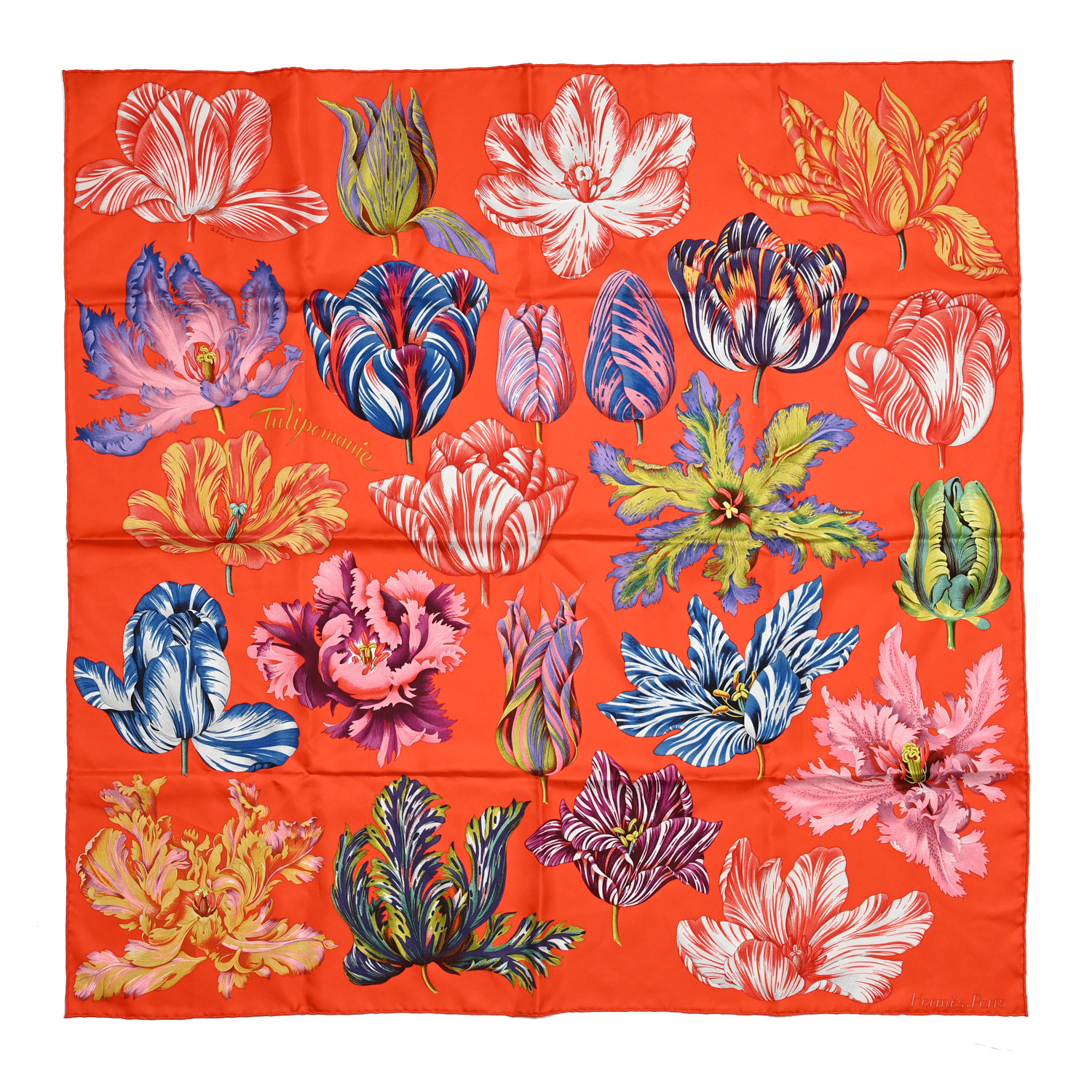 HERMES 最新作 稀少 華麗なスカーフ Embroidered Tulipomanie 90 HERMES Silk Tulipomanie Scarf 90 Vermillon Rose Multicolor