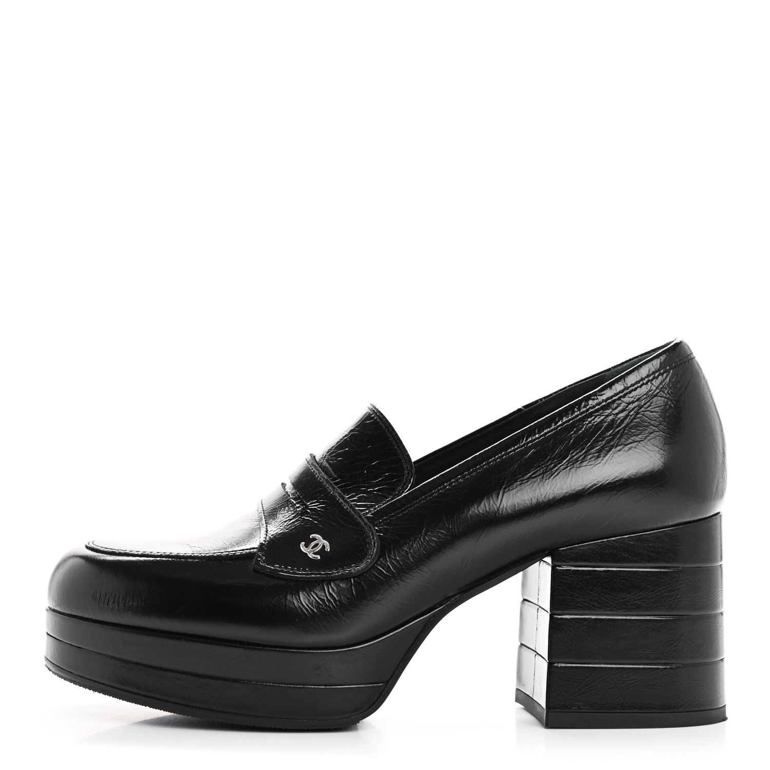CHANEL Shiny Calfskin CC Platform Mocassin Loafers 39 Black