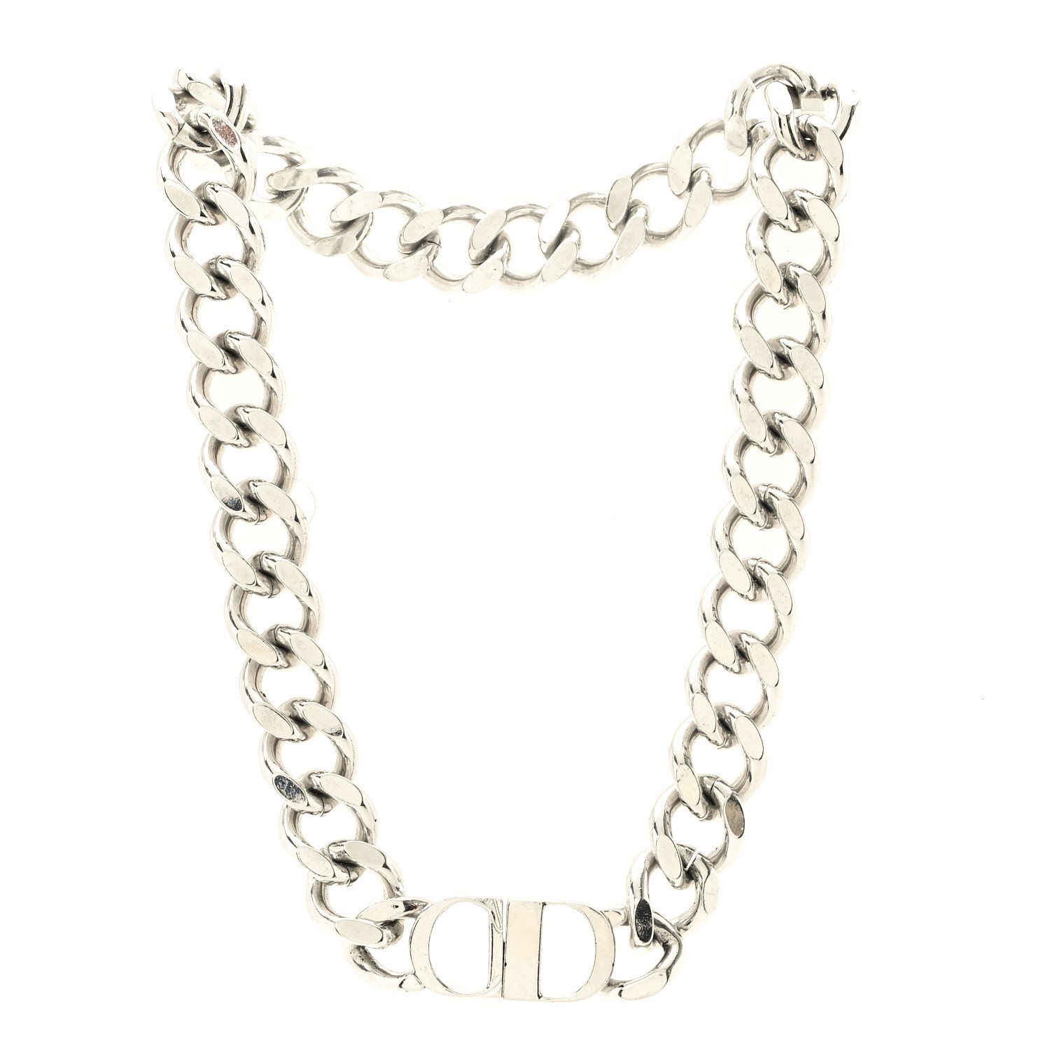 CHRISTIAN DIOR Brass CD Icon Chain Link Necklace Silver