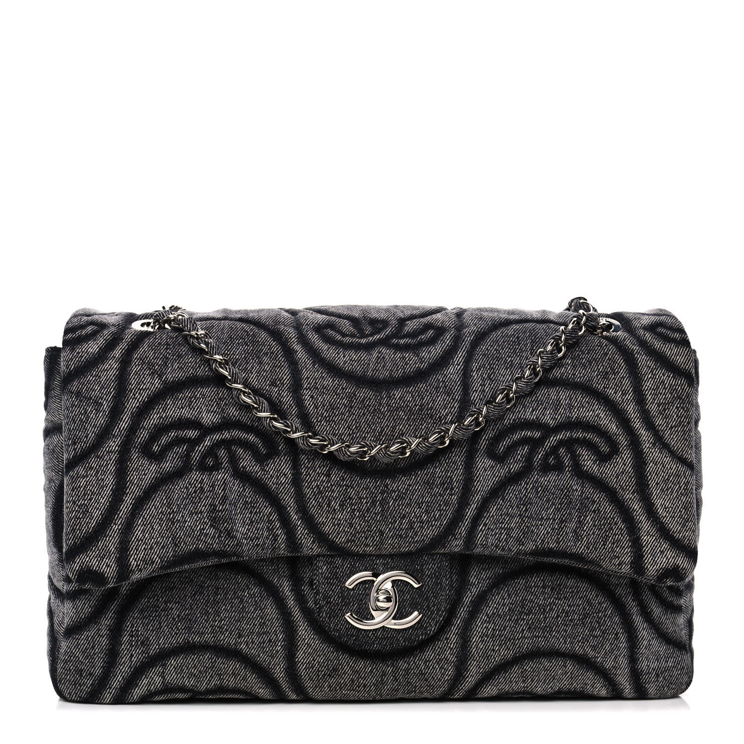 CHANEL Denim Embossed CC Logo Print Jumbo Single Flap Grey