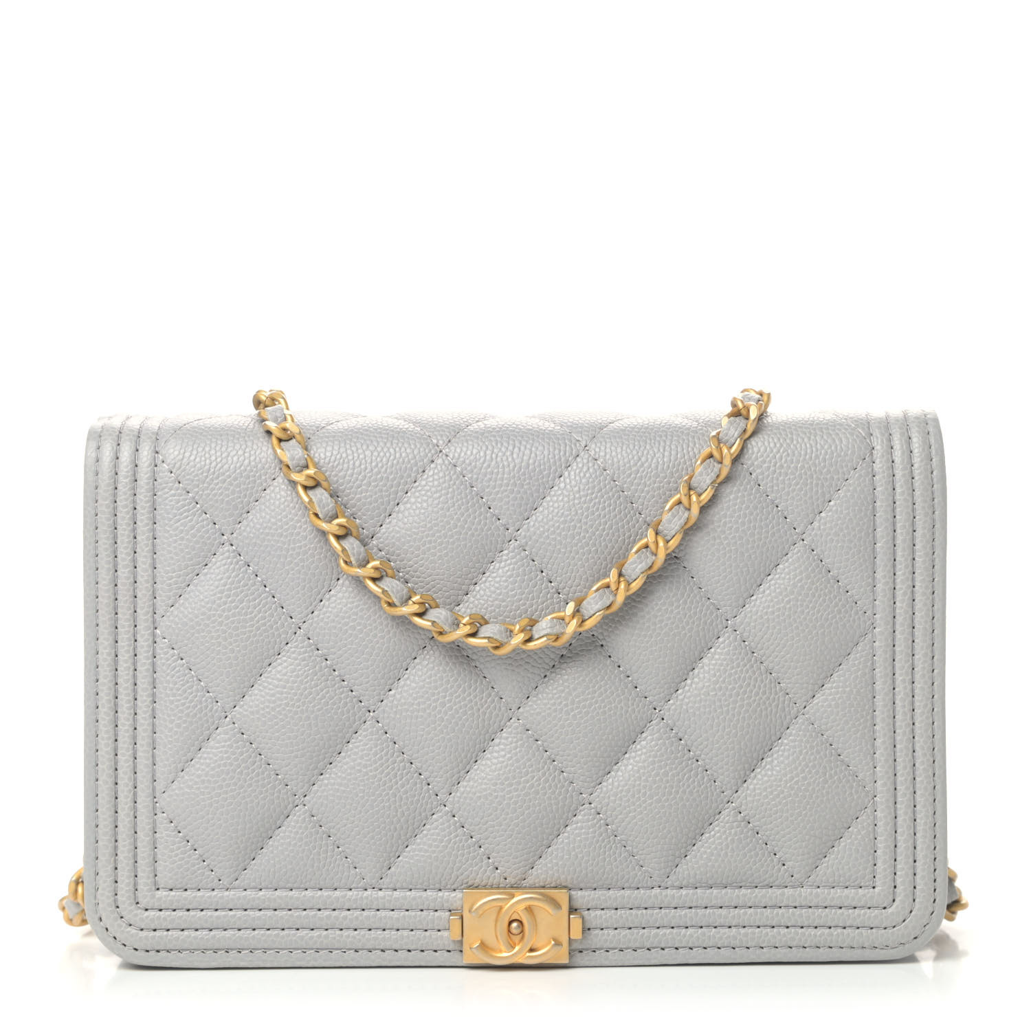 CHANEL Caviar Quilted Boy Wallet On Chain WOC Grey 805459