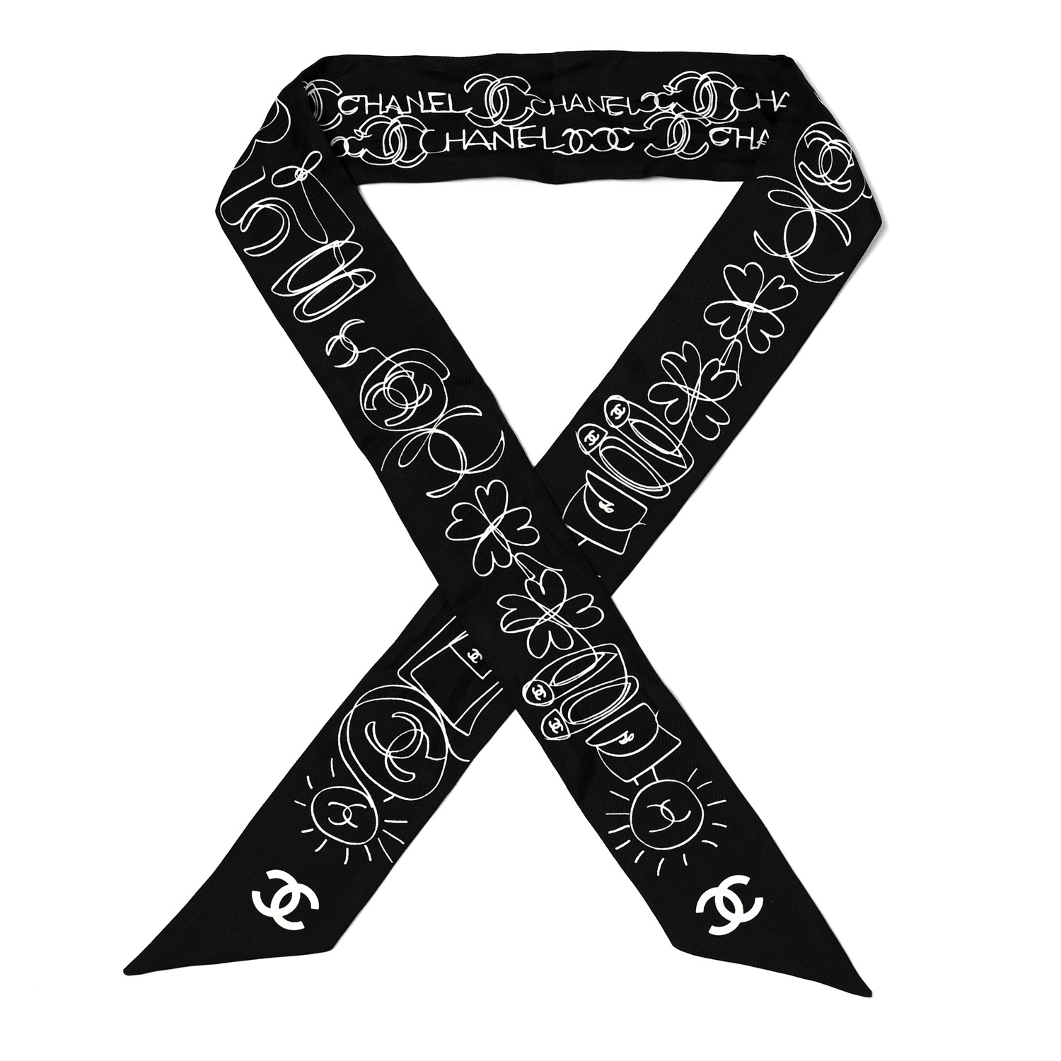 CHANEL Silk Slim Bandeau Scarf Black White 1425752