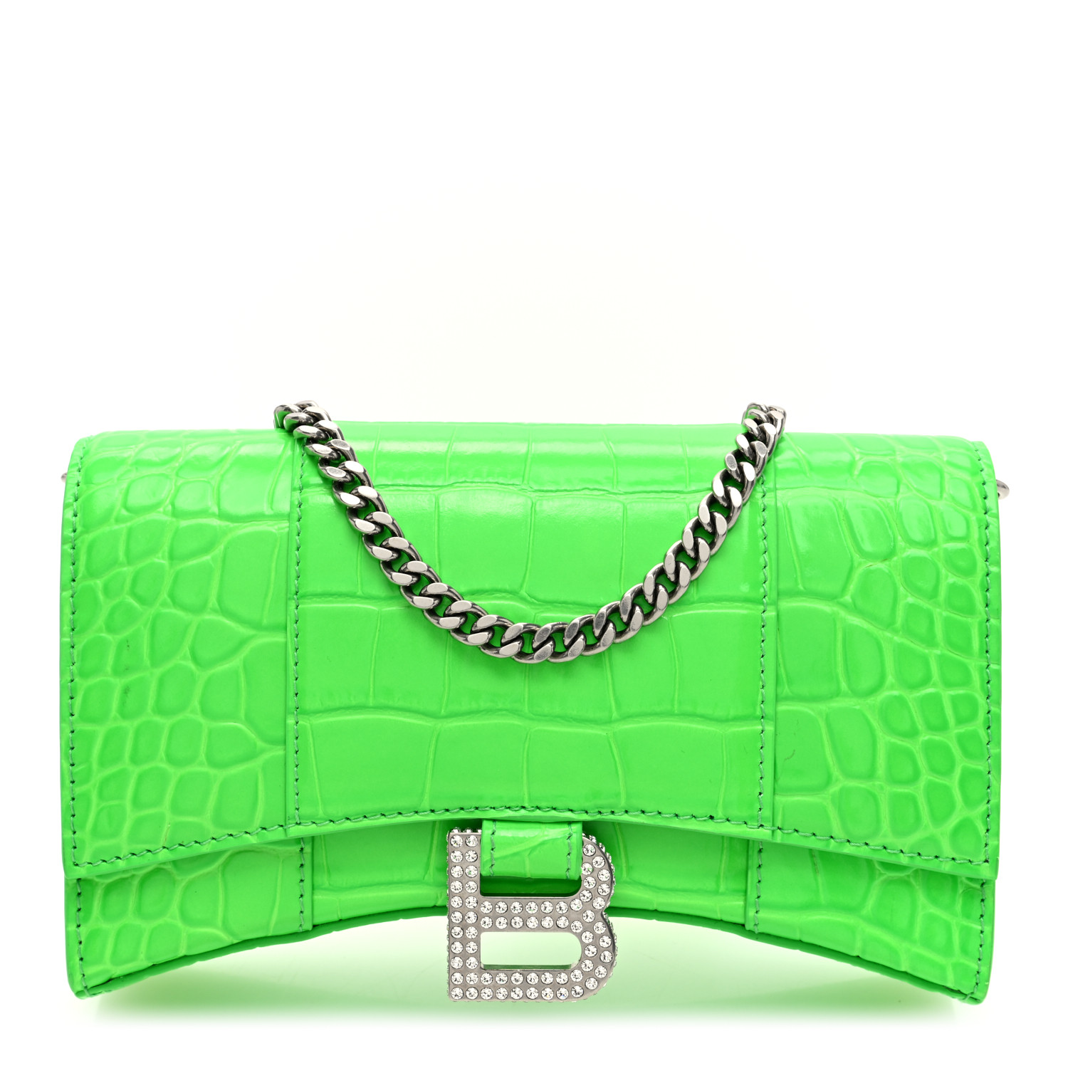 ●送料込●BALENCIAGA●Fluo Green Leather Hourglass Xs Balenciaga Bright Green Croc Embossed Leather Hourglass