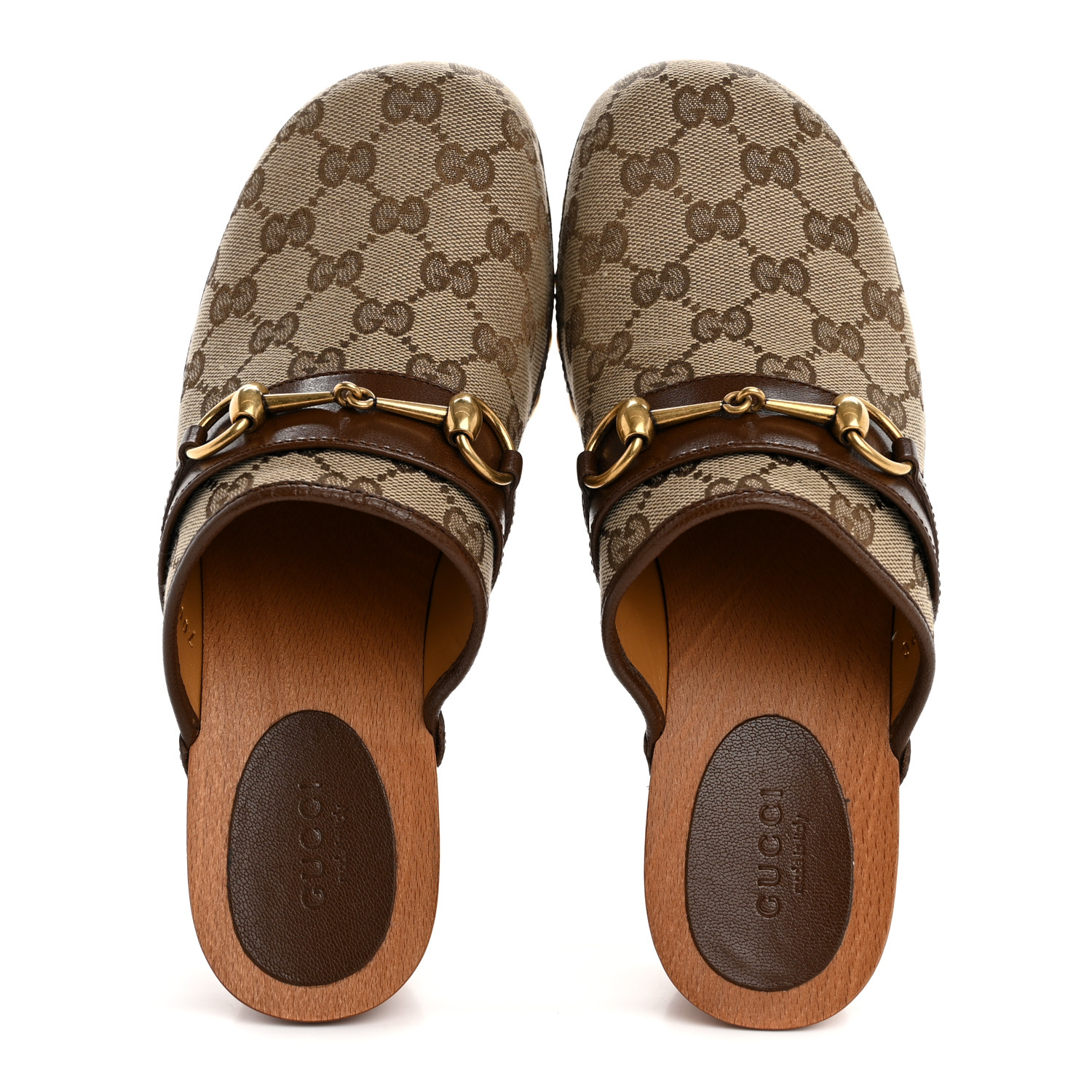 GUCCI Monogram Goatskin Horsebit Clog Mules 37 Beige Ebony