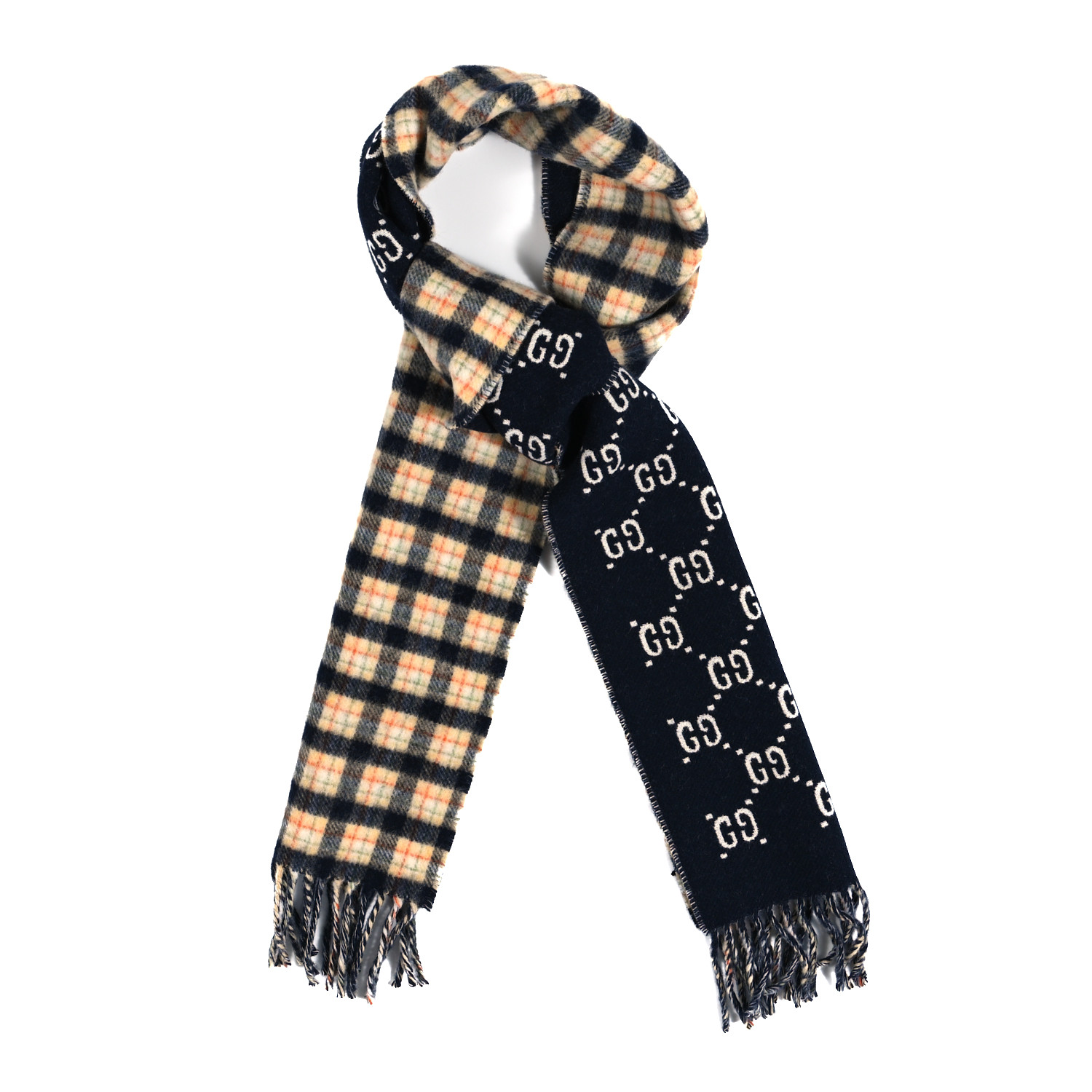 Gucci ★素敵！Unisex Running Wolf Plaid Wool Neck Scarf GUCCI Wool GG Monogram Plaid Rise Reversible Fringe Scarf