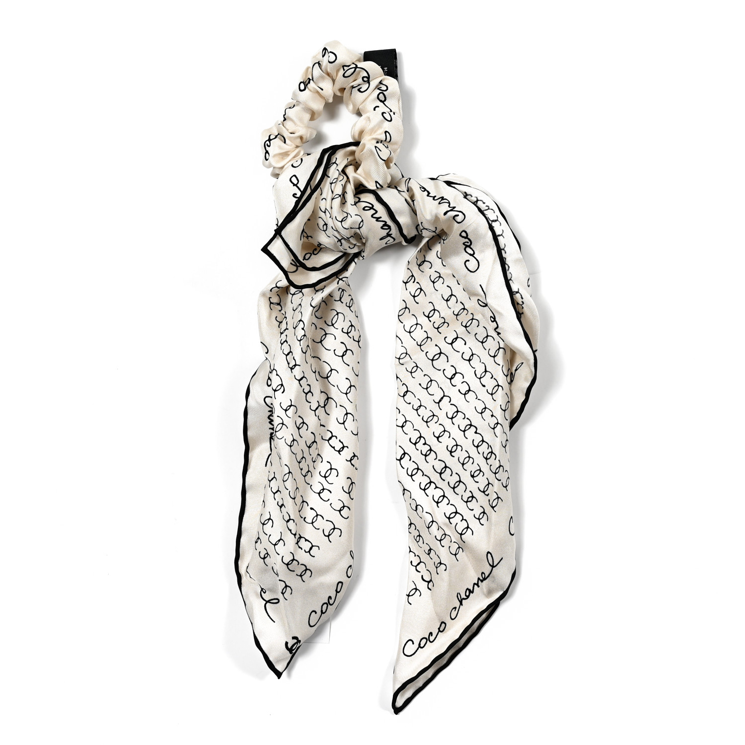 CHANEL コサージュ ホワイト ファブリック CHANEL Silk Twill Square Scarf Hair Tie White Black 1336014