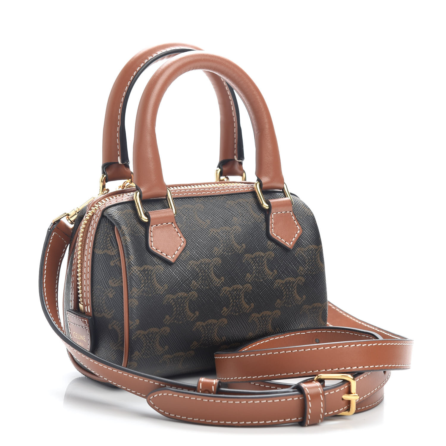 ☆セリーヌ☆直営店買付☆TRIOMPHE MINI BOSTON BAG☆ CELINE Triomphe Canvas Calfskin Mini Boston Bag Tan 807848