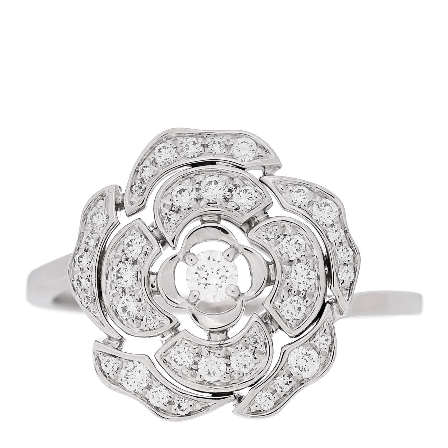 CHANEL 18K White Gold Diamond Small Bouton de Camelia Ring