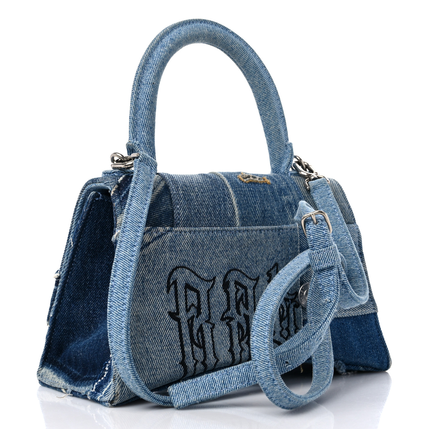 ハンドバッグ BALENCIAGA HOURGLASS SMALL HANDBAG DENIM PATCHWORK NEW BALENCIAGA Denim Patchwork Hourglass UPCYCLED BAG PURSE