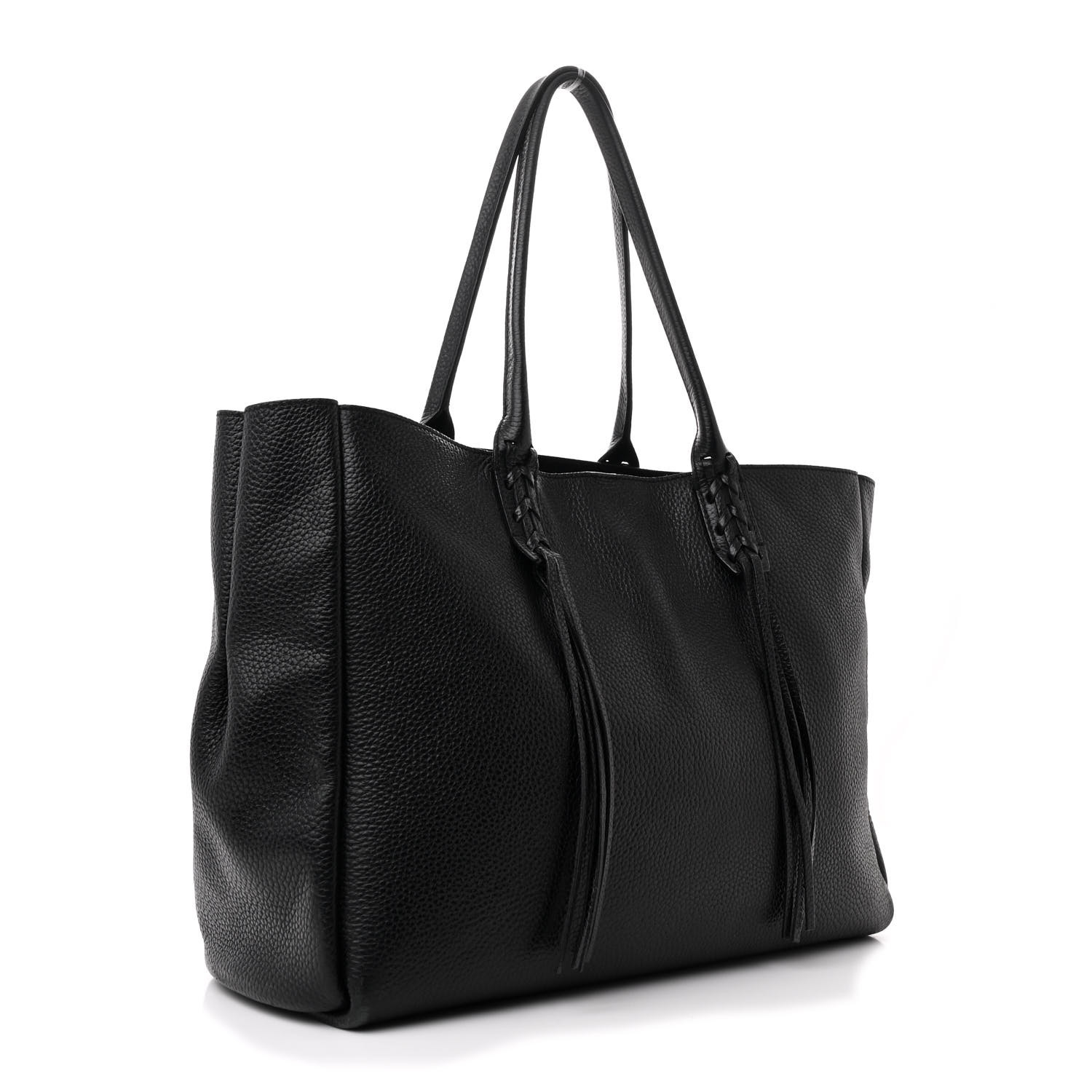 LANVIN Grained Calfskin Logo Small Fringe Shopper Tote Black