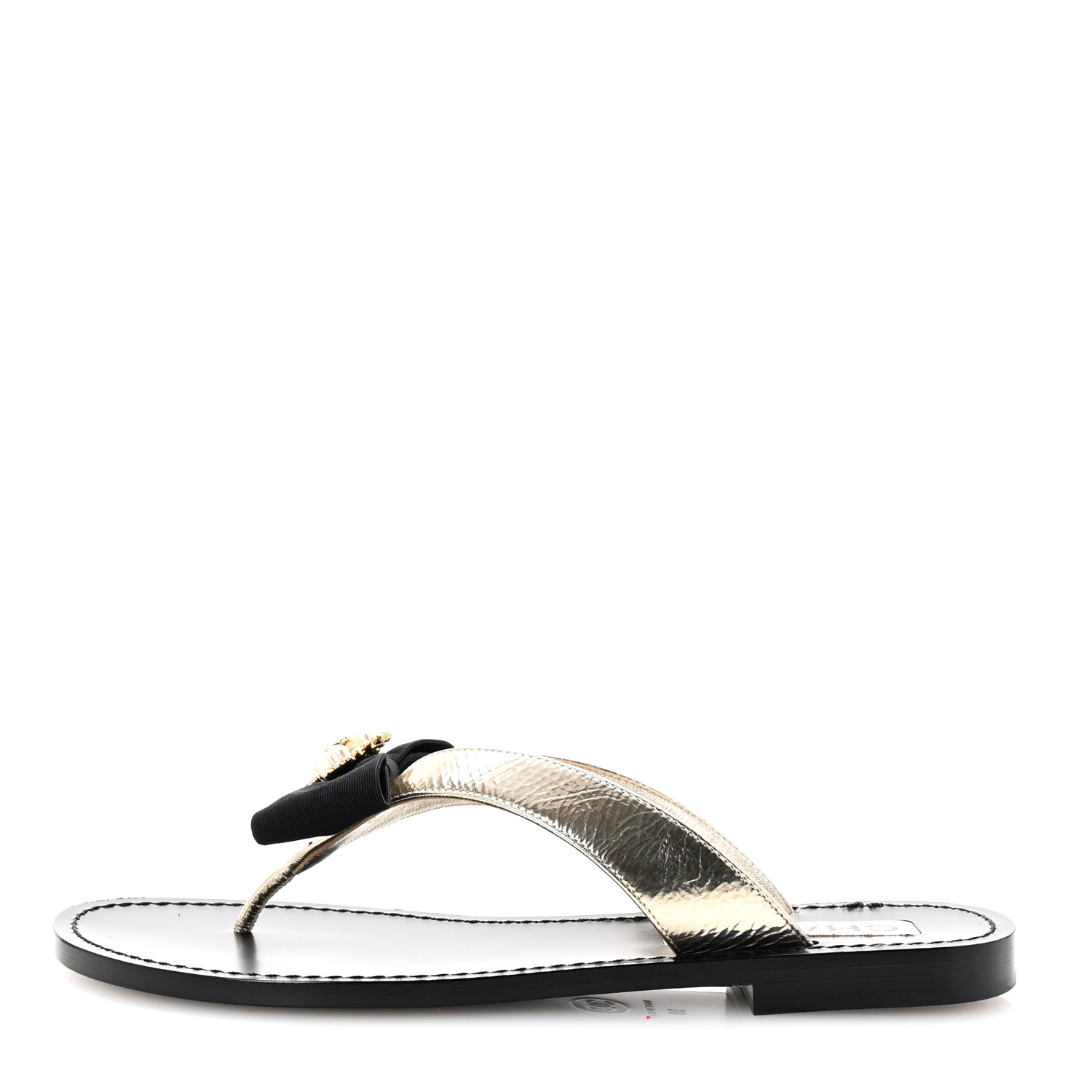 CHANEL Metallic Laminated Goatskin Grosgrain Bow Pearl Thong