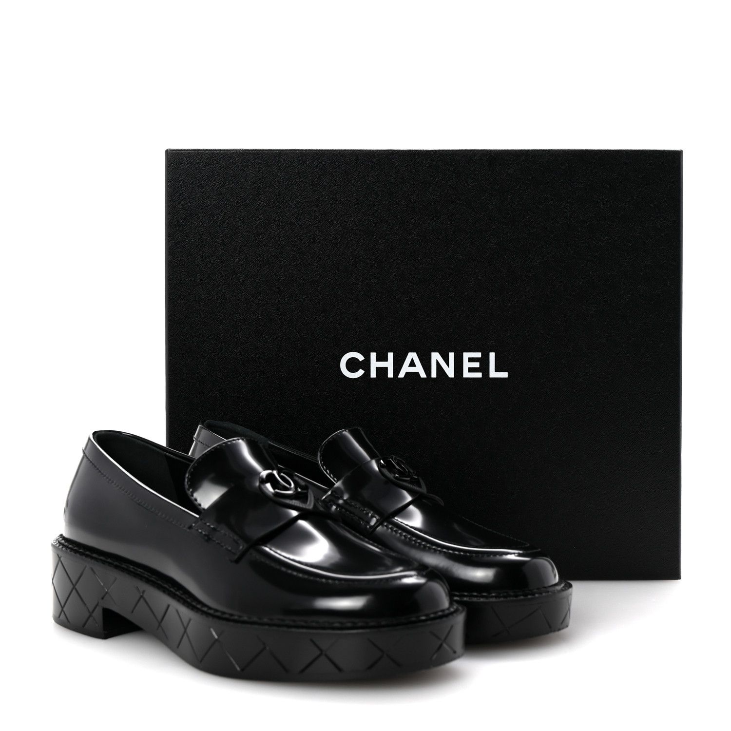CHANEL Shiny Calfskin Quilted CC Mocassin Loafers 35 Black