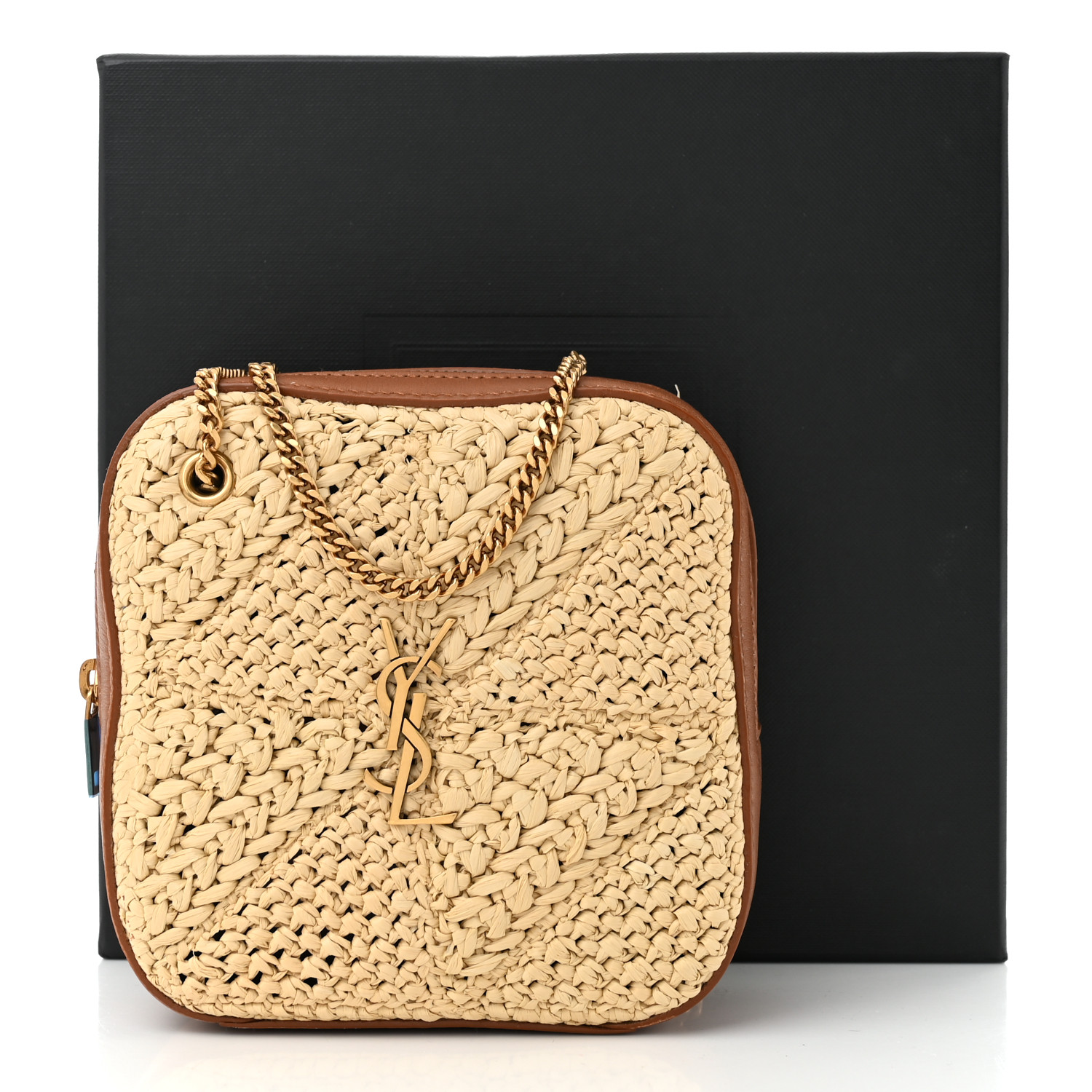 SAINT LAURENT Raffia Calfskin Monogram Jamie Cube Beige