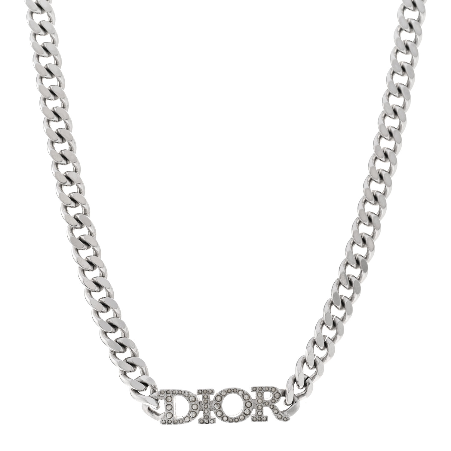 小物 Christian Dior Silver Leather Logo Chain CHRISTIAN DIOR Metal Crystal Logo Chain Link Necklace Silver