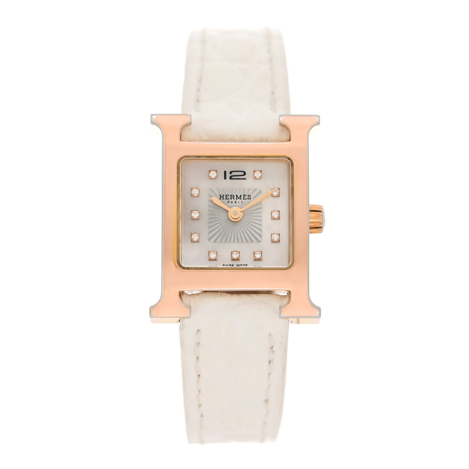 HERMES Stainless Steel Alligator Diamond Mother of Pearl