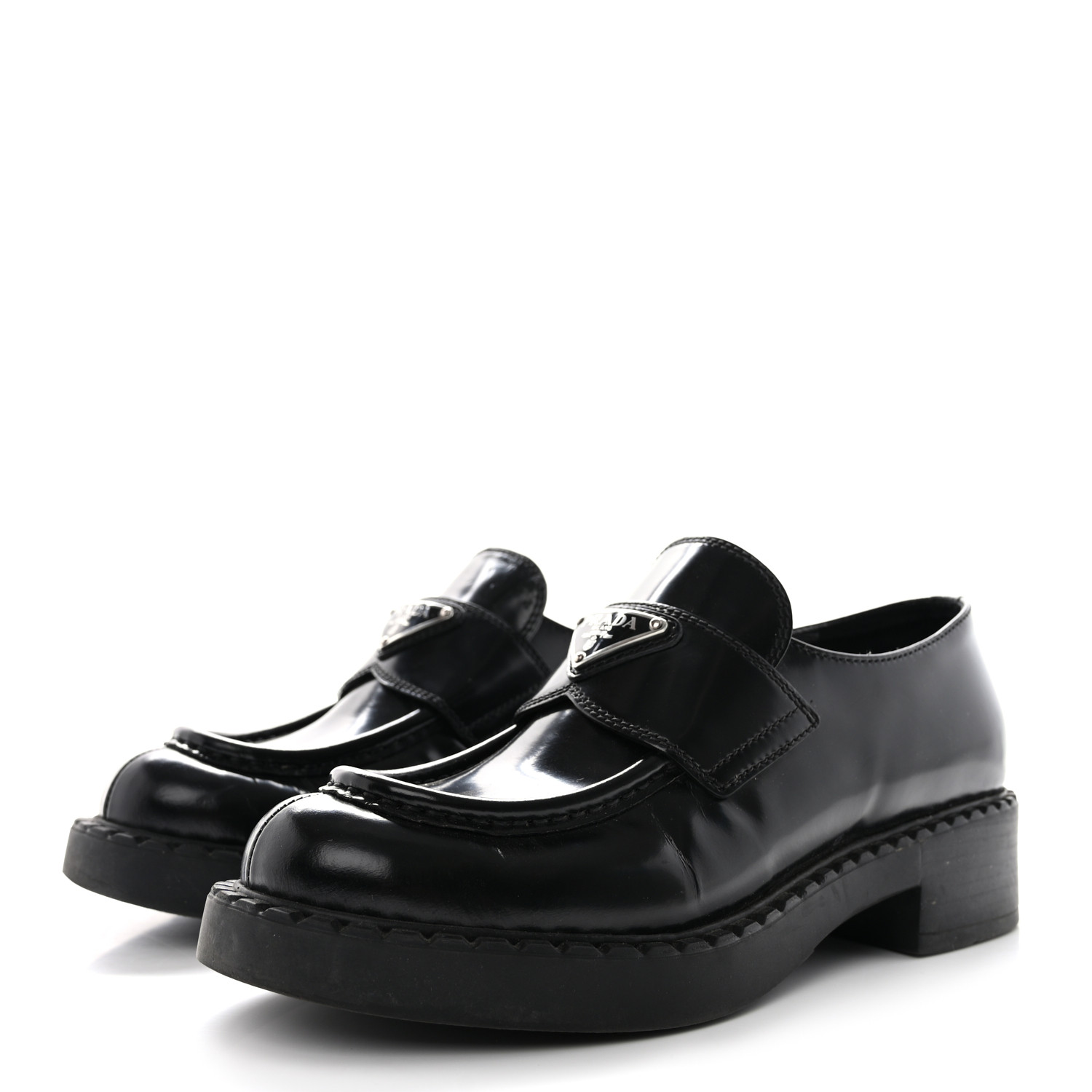 PRADA Spazzolato Metal Triangle Logo 50mm Loafers 36 Black