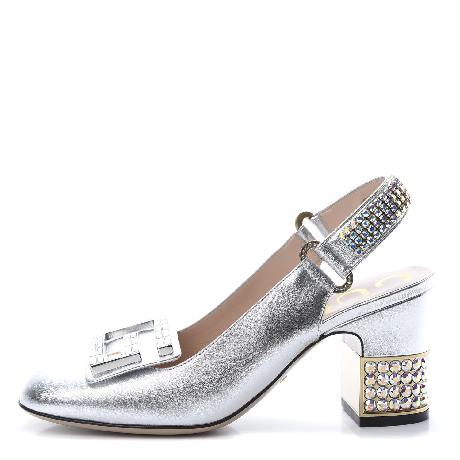 GUCCI Metallic Nappa Crystal Square G Madelyn Slingbacks