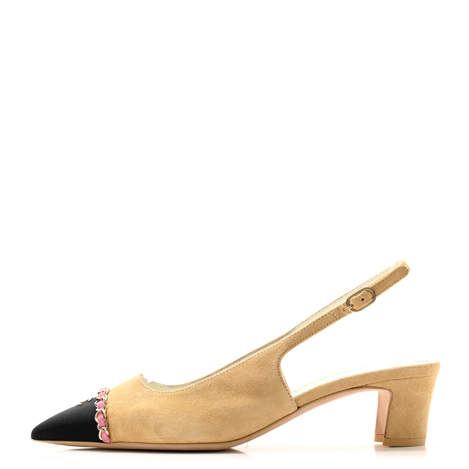 CHANEL Suede Grosgrain Cap Toe CC Chain Slingback Pumps 39.5