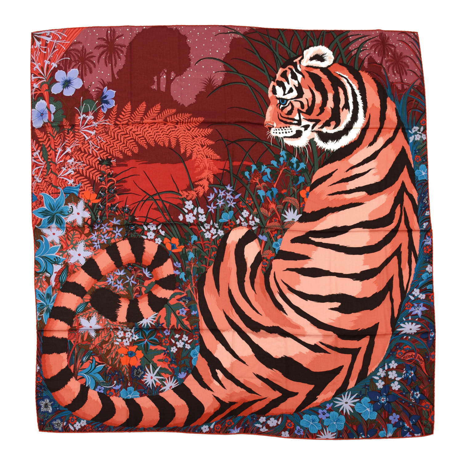 HERMES Cashmere Silk Tyger Tyger Shawl 140 Bordeaux Bleu