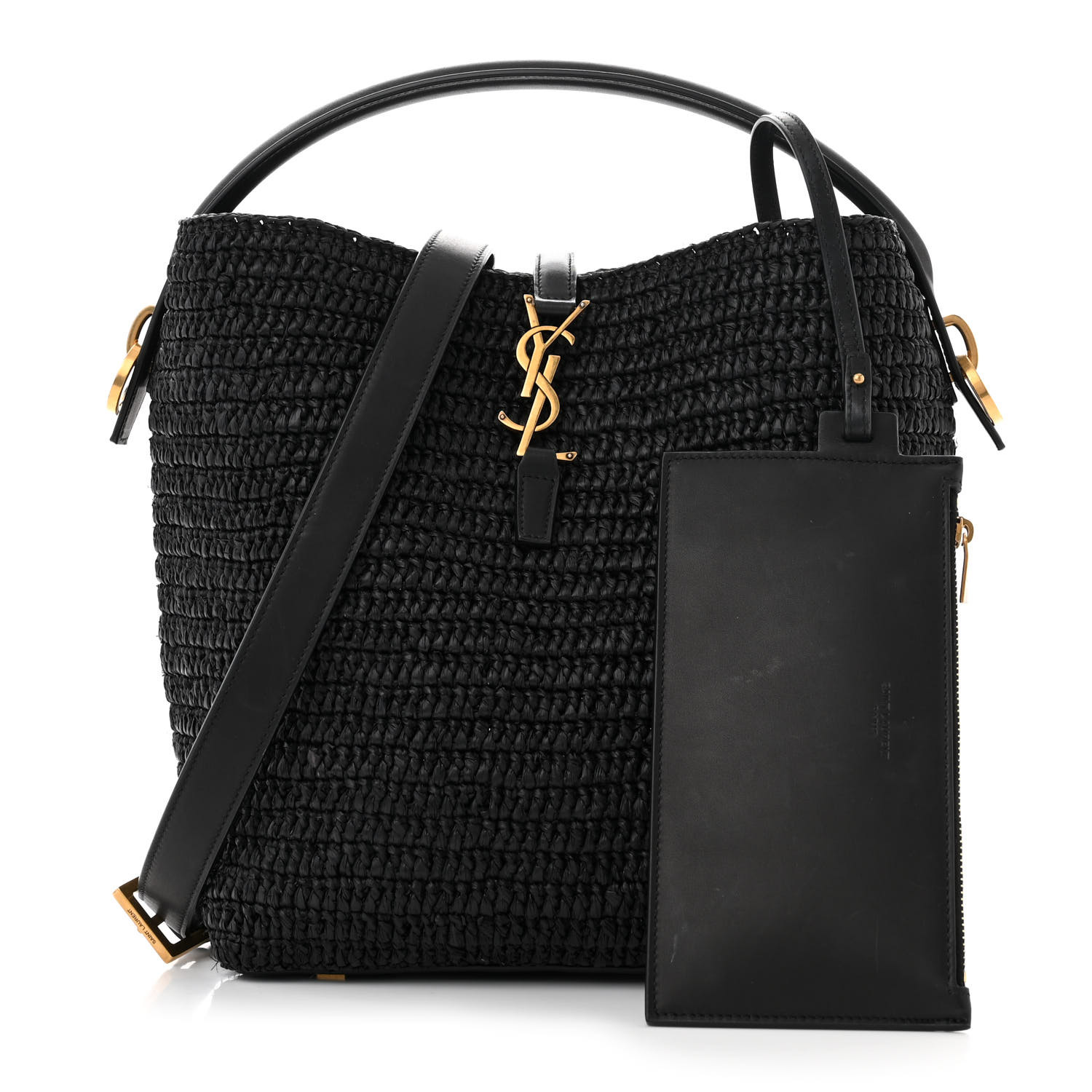 ショルダーバッグ・ポシェット SAINT LAURENT BLACK RAFFIA LE 37 BUCKET BAG SAINT LAURENT Le 37 leather-trimmed raffia bucket bag | NET