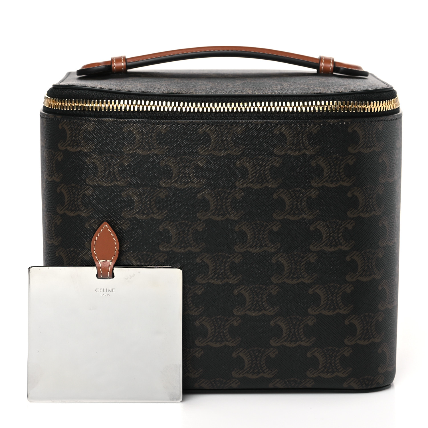 CELINE Triomphe Canvas Calfskin Square Vanity Case Tan