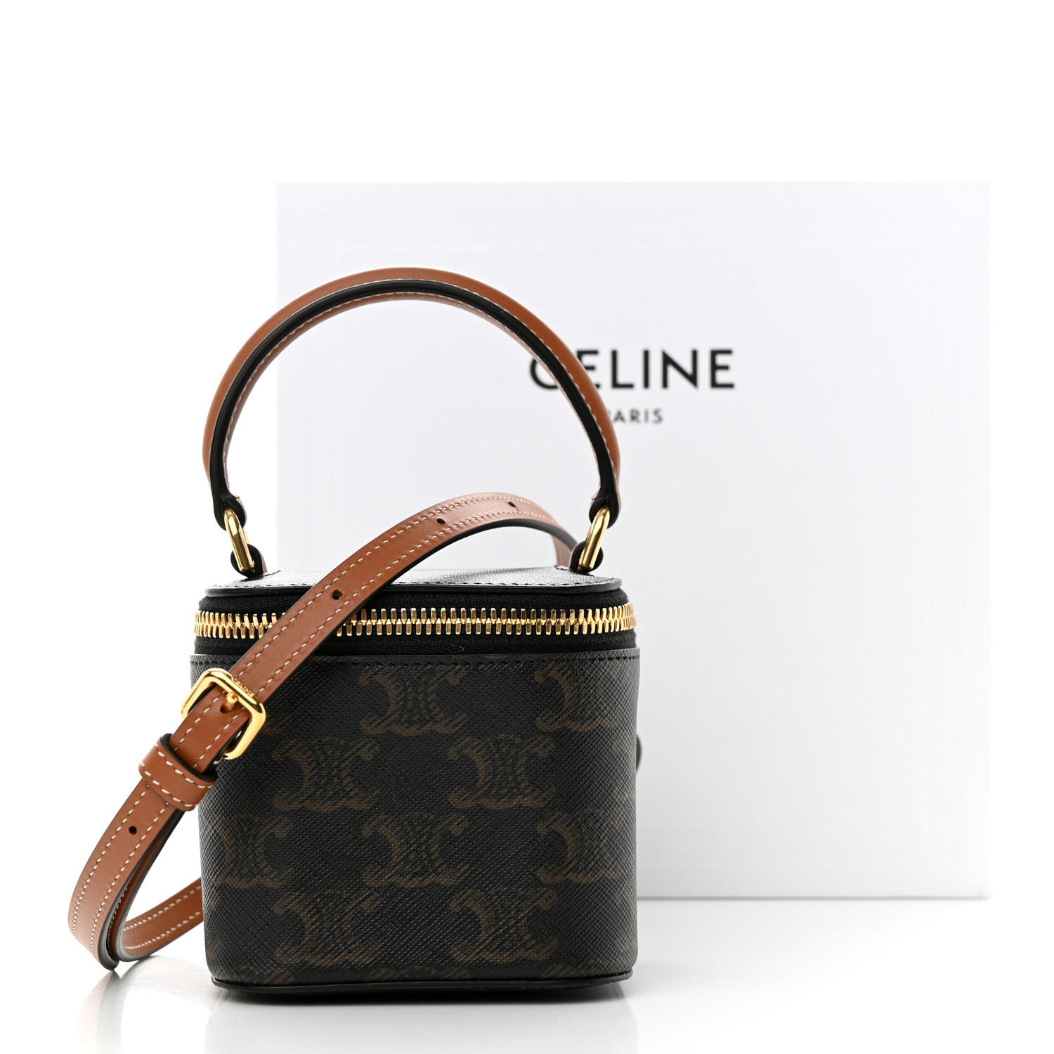 CELINE Triomphe Canvas Calfskin Mini Vanity Case Tan 1466469