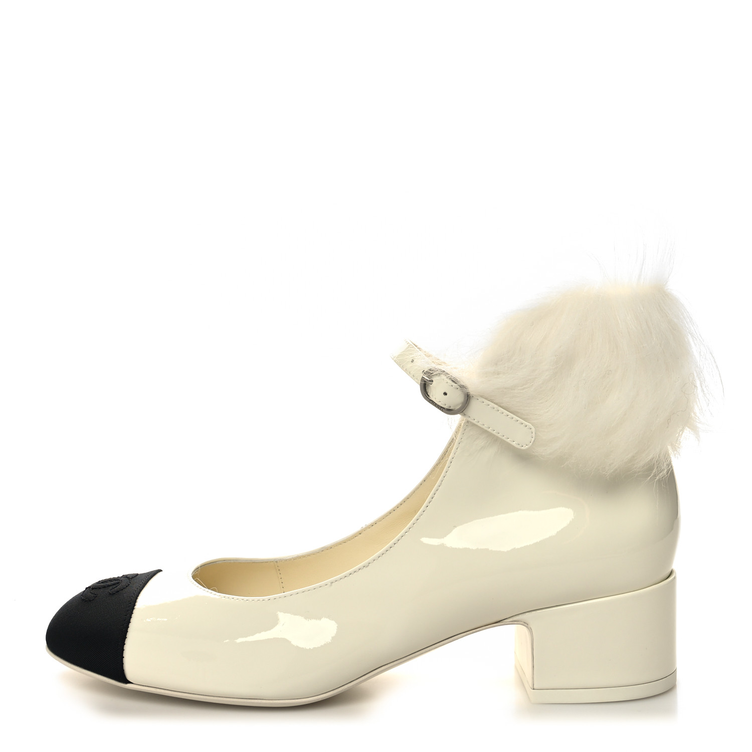 CHANEL Patent Shearling Lambskin Grosgrain Cap Toe Mary Jane