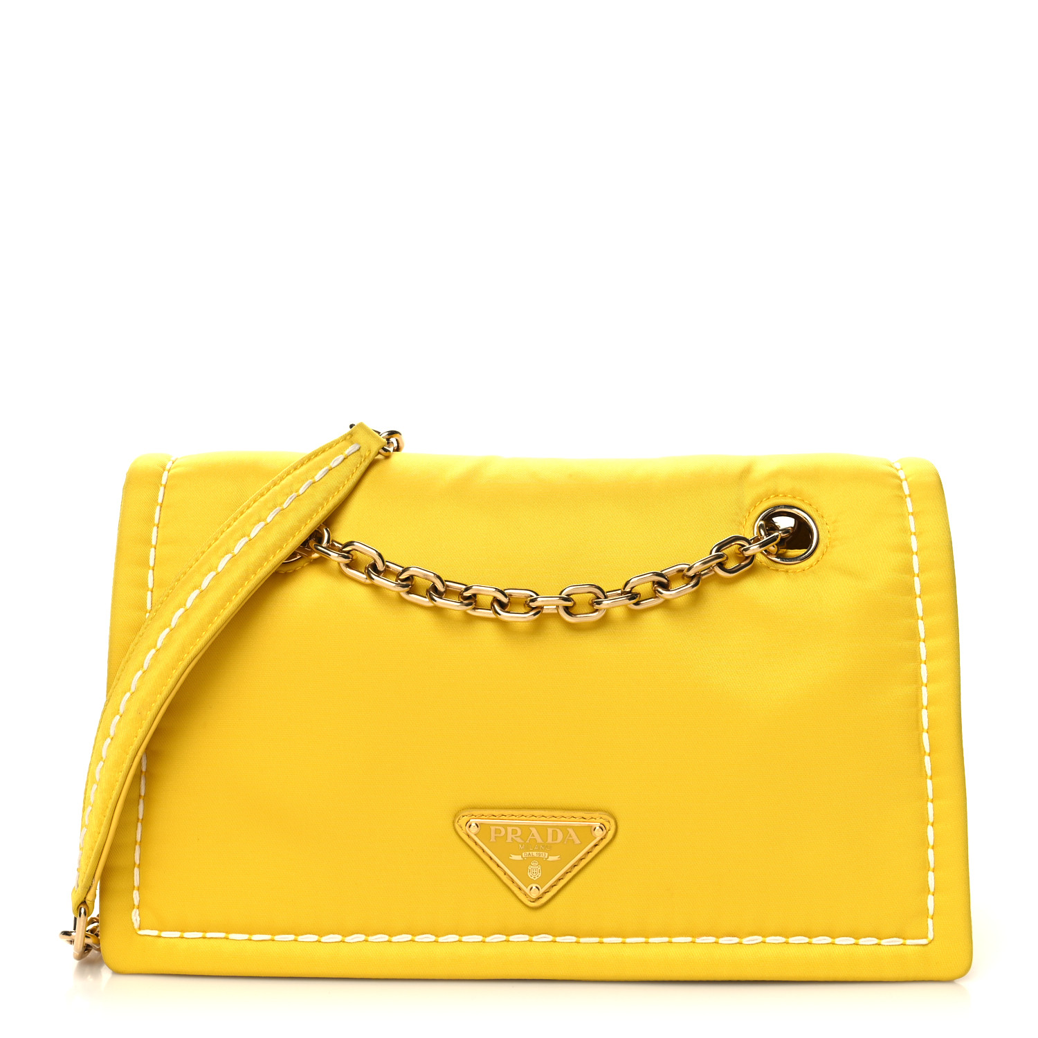 PRADA Tessuto Nylon Chain Flap Shoulder Bag Giallo 1424042