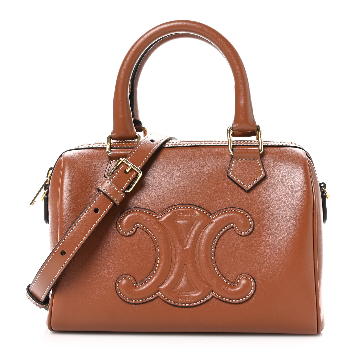 CELINE Smooth Calfskin Triomphe Small Boston Bag Tan 1583322