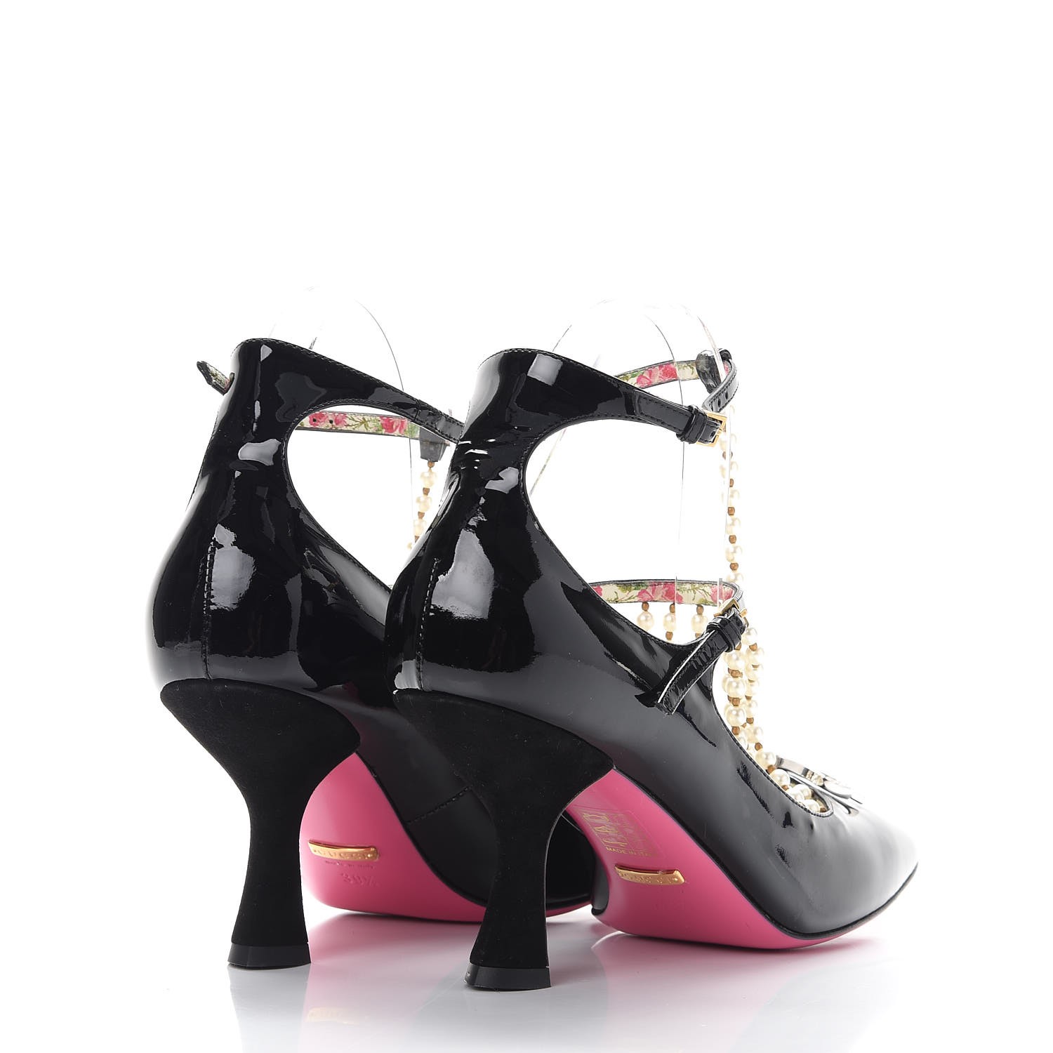 【15p美品】エンティティー GUCCI Patent Pearl Taide T-Strap Mid Heel Pumps 39.5 Black