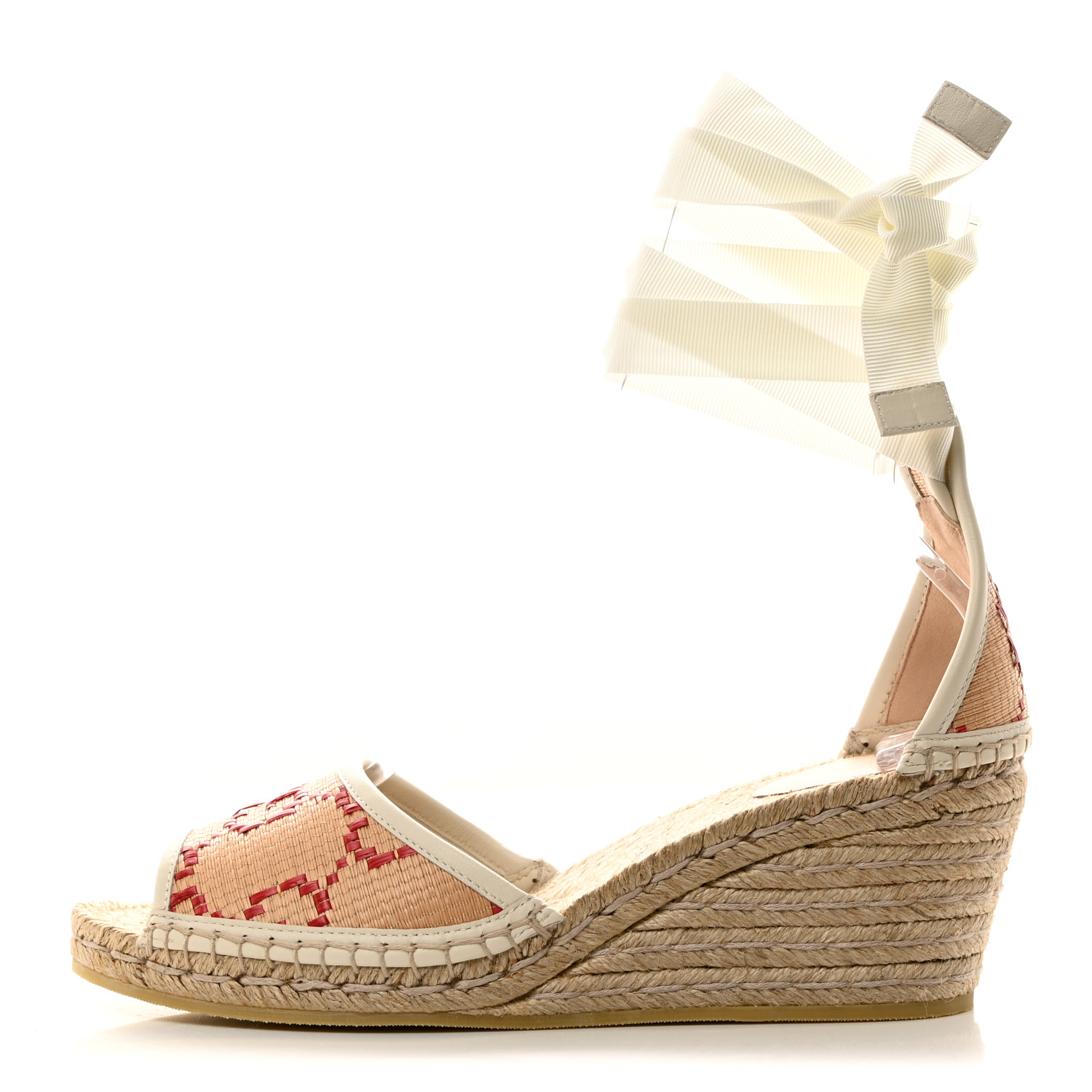 GUCCI GG Raffia Monogram Ankle Wrap Platform Espadrille