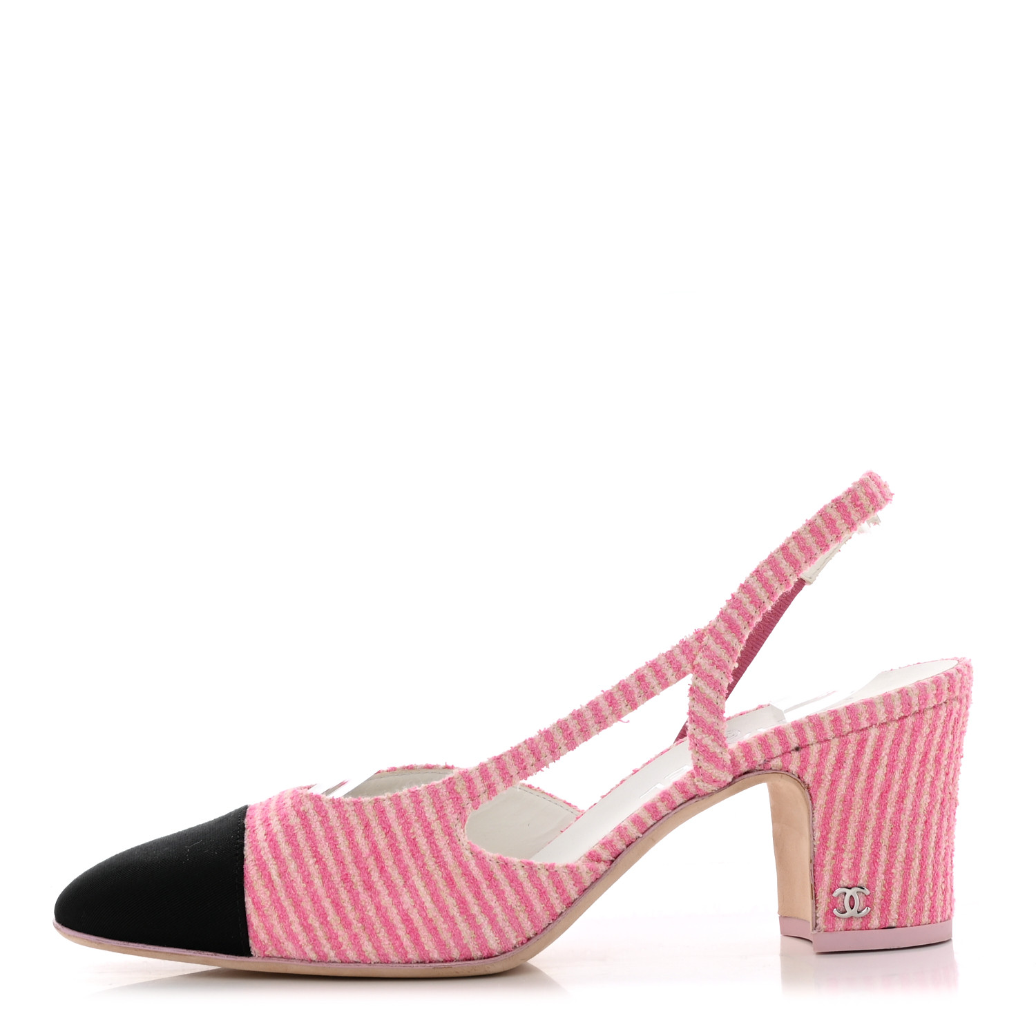 CHANEL Tweed Grosgrain Cap Toe CC Striped Slingback Pumps