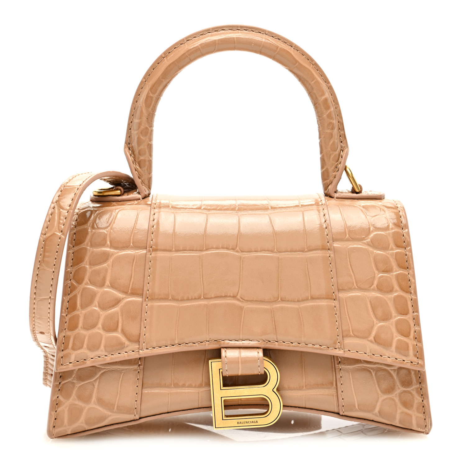 ハンドバッグ BALENCIAGA HOURGLASS XS HANDBAG IN BEIGE LLIZED CALFSKIN BALENCIAGA Shiny Calfskin Crocodile Embossed Hourglass Top