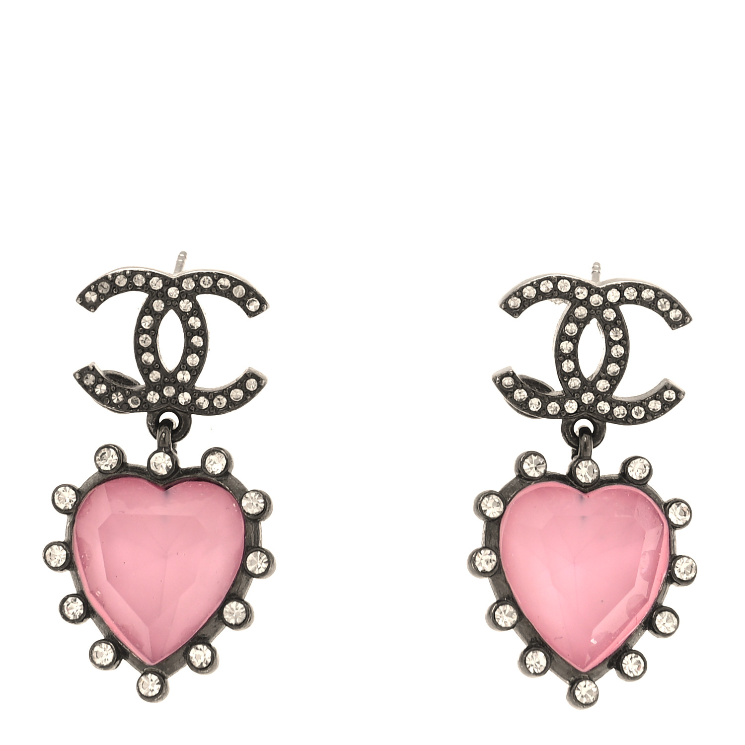 CHANEL Metal Crystal Heart CC Drop Earrings Pink Silver