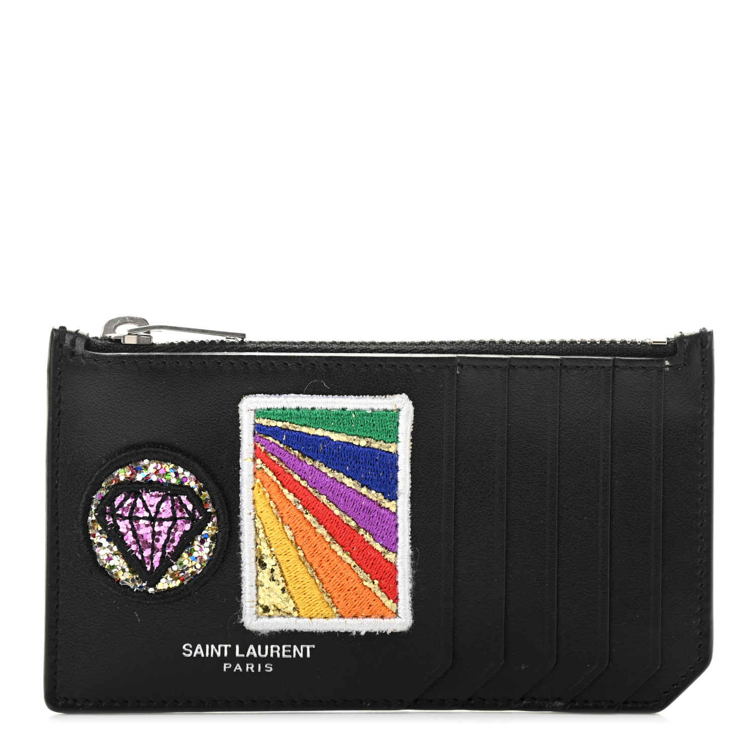 SAINT LAURENT Calfskin Paris Rainbow Patch Fragments Zip