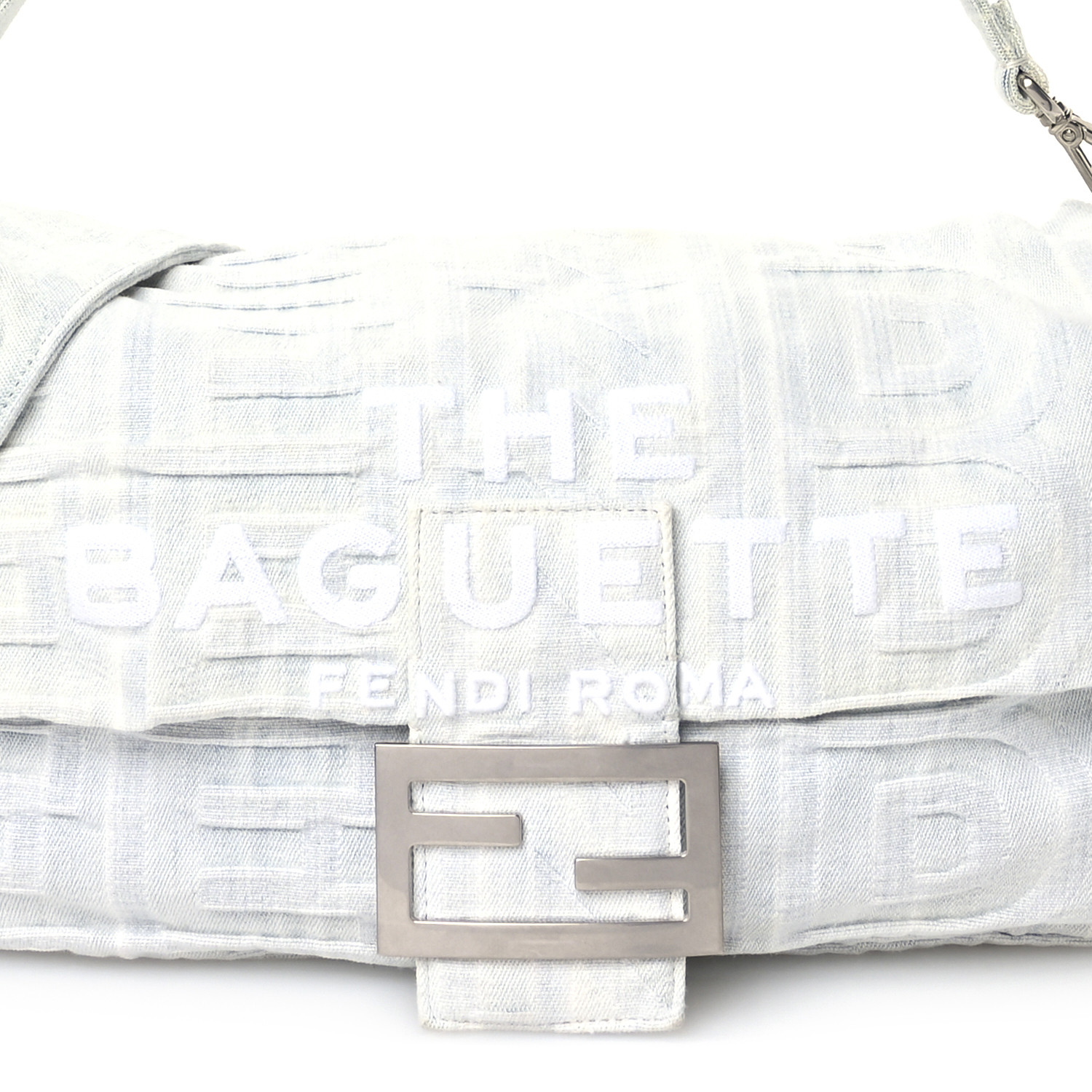 FENDI X MARC JACOBS Bleached Denim Logo Maxi Baguette Off