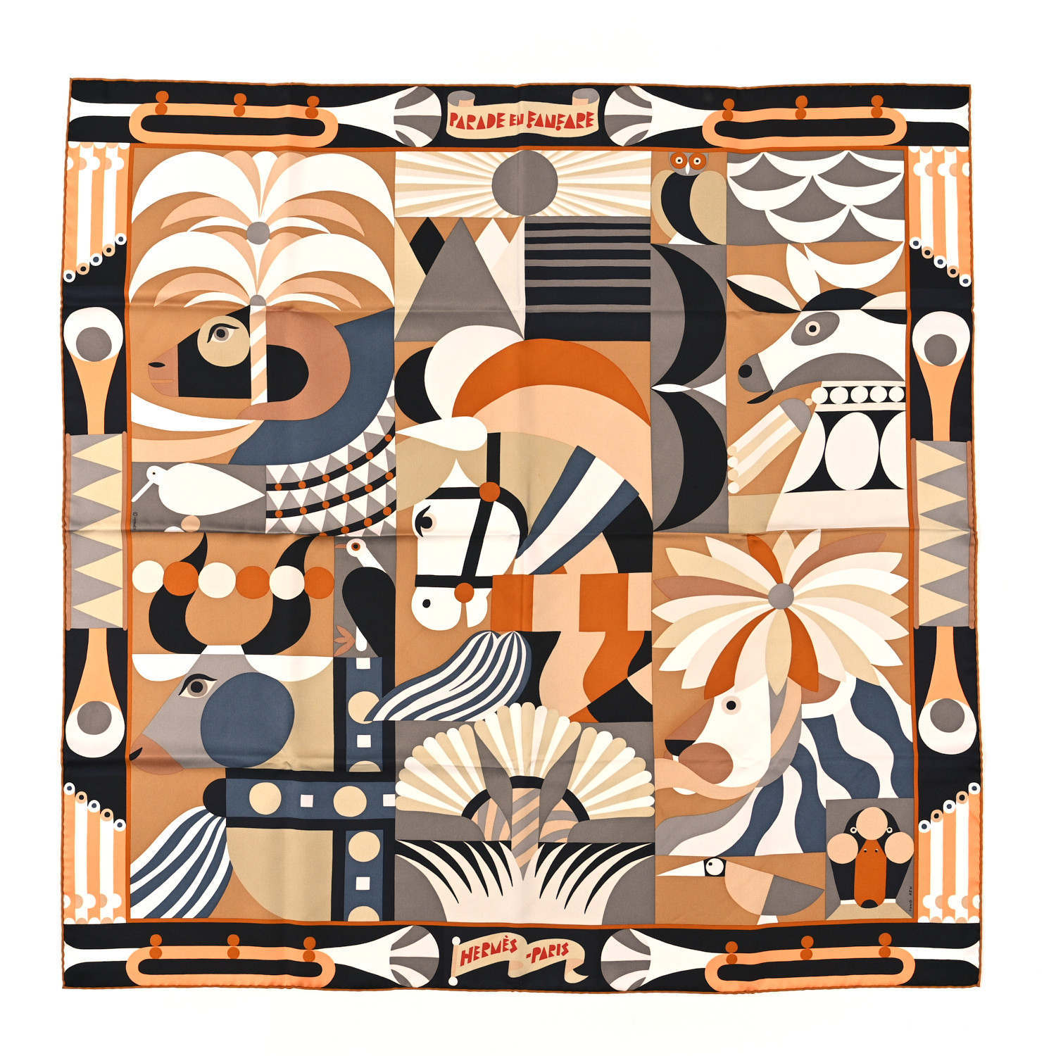 HERMES Silk Parade En Fanfare Scarf 90 Camel Black Beige
