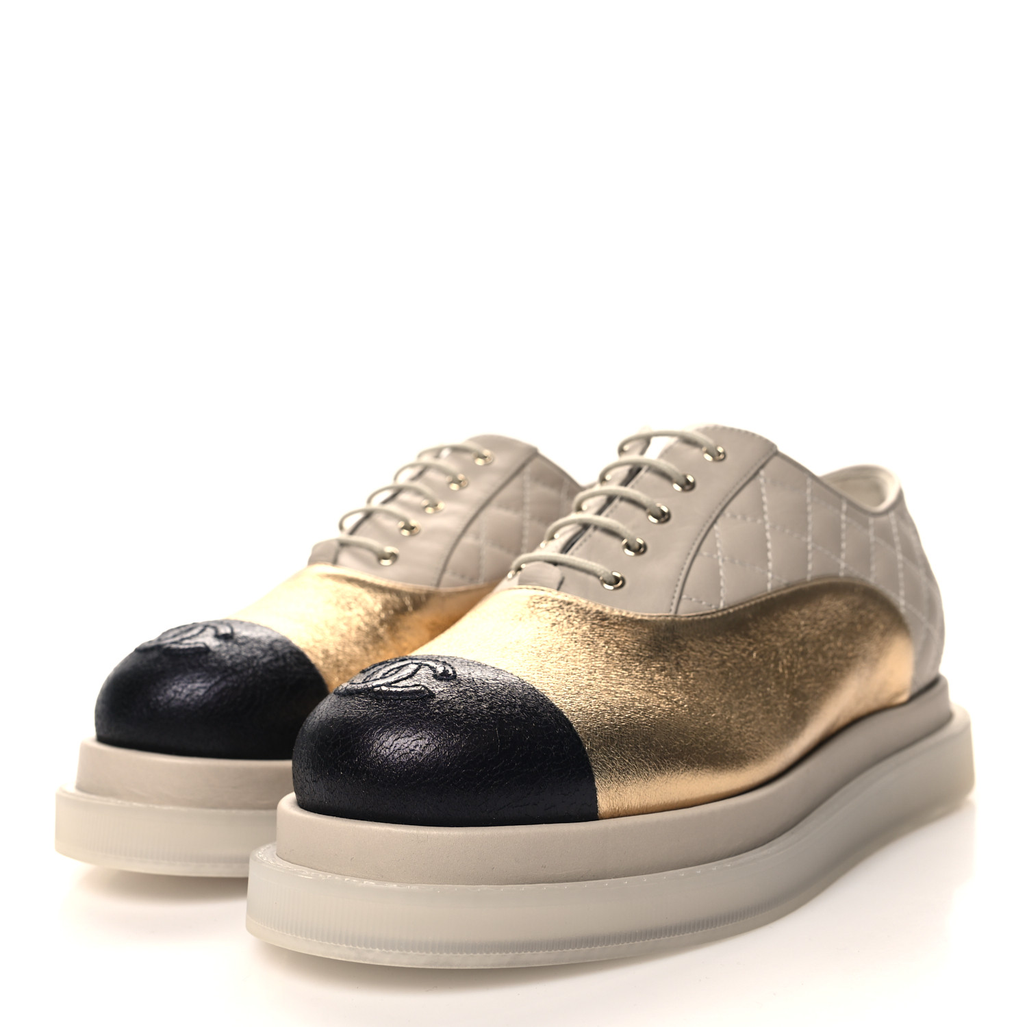 CHANEL Metallic Lambskin Platform Sneakers 36 Beige Black