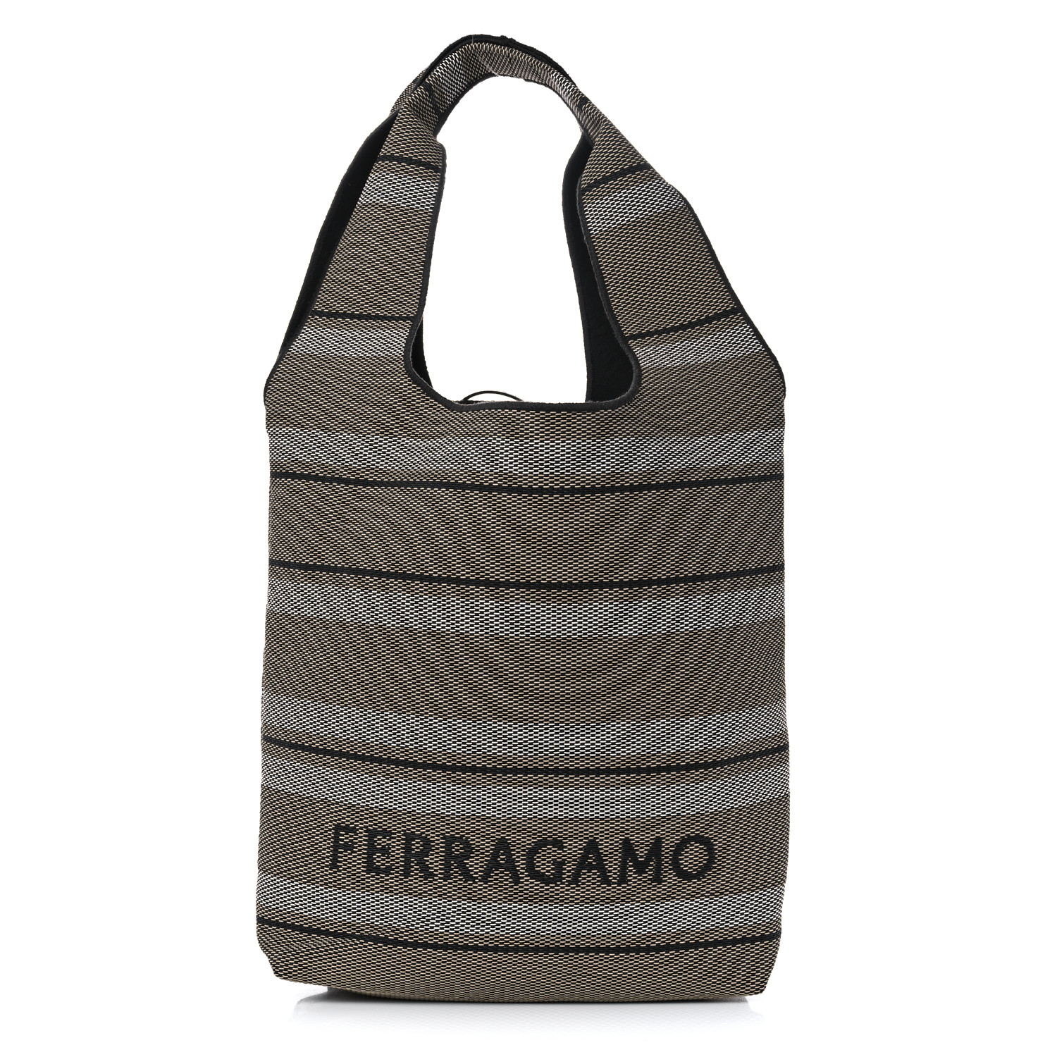 SALVATORE FERRAGAMO Raffia Striped Logo Tote Bag Beige Optic