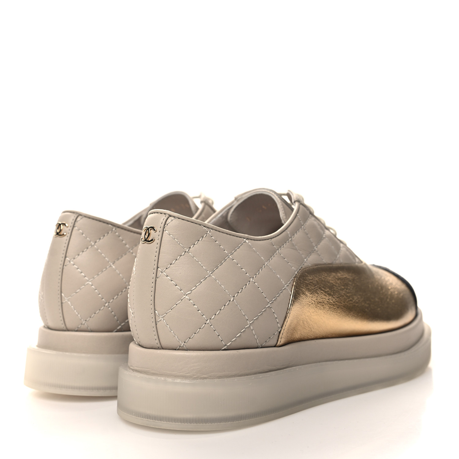 CHANEL Metallic Lambskin Platform Sneakers 36 Beige Black