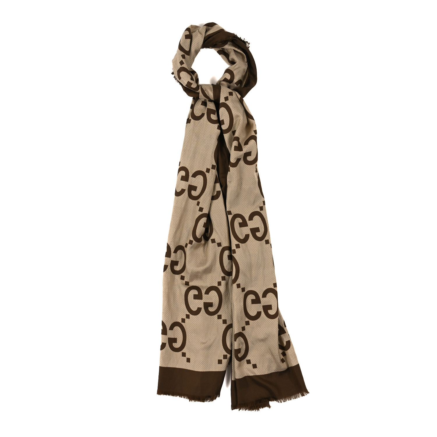 Gucci★素敵！Brown Beige Monogram GG Logo Long Scarf GUCCI Wool Silk Jumbo GG Monogram Fringe Scarf Dark Brown