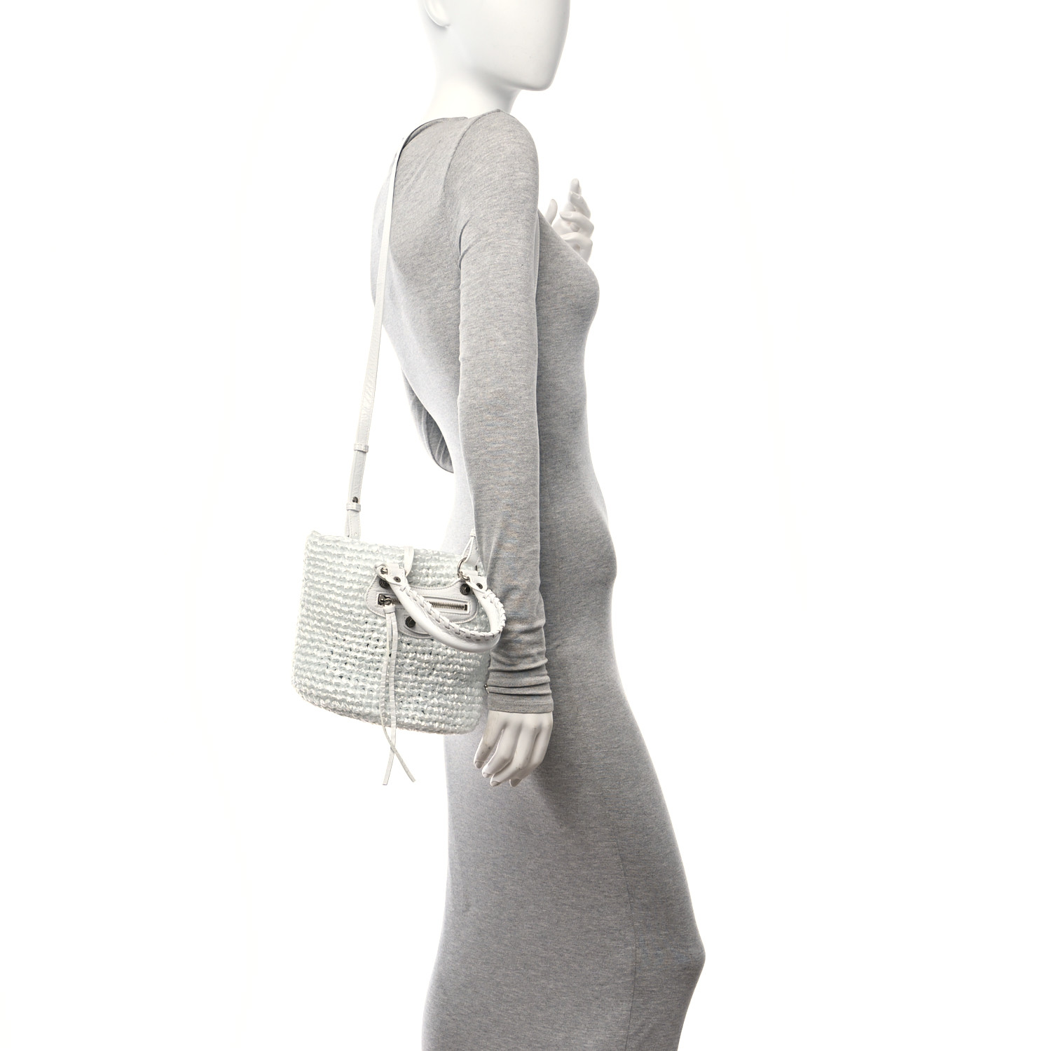 BALENCIAGA Nylon Raffia Le Cagole Small Panier Tote Optic