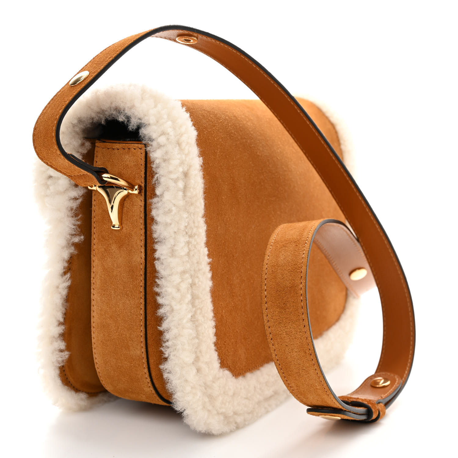 GUCCI Suede Shearling Horsebit 1955 Shoulder Bag Brown