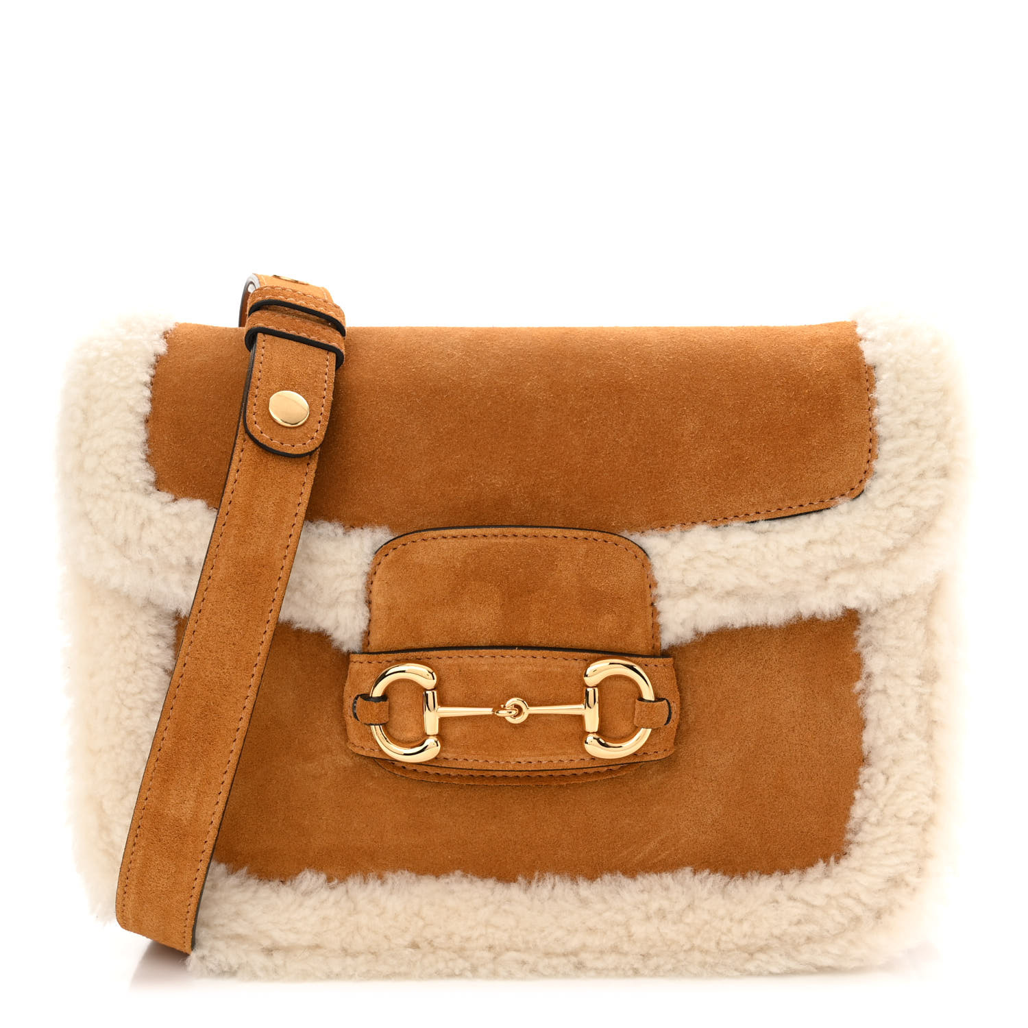 ショルダーバッグ・ポシェット 1955 Horsebit Suede Tote Bag with Shearling-Trim GUCCI Suede Shearling Horsebit 1955 Shoulder Bag Brown