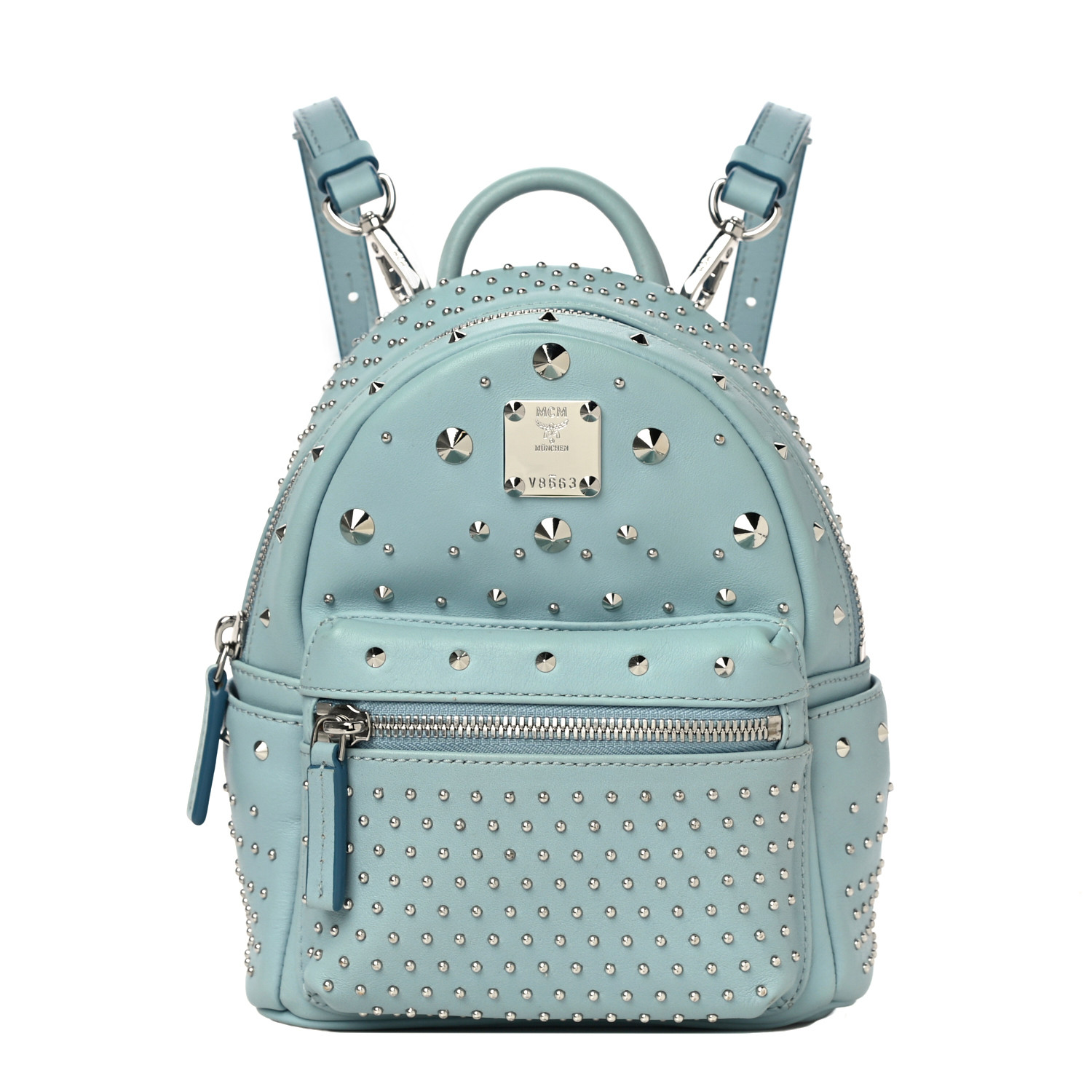 MCM Calfskin Stud X-Mini Stark Bebe Boo Backpack Sky Blue