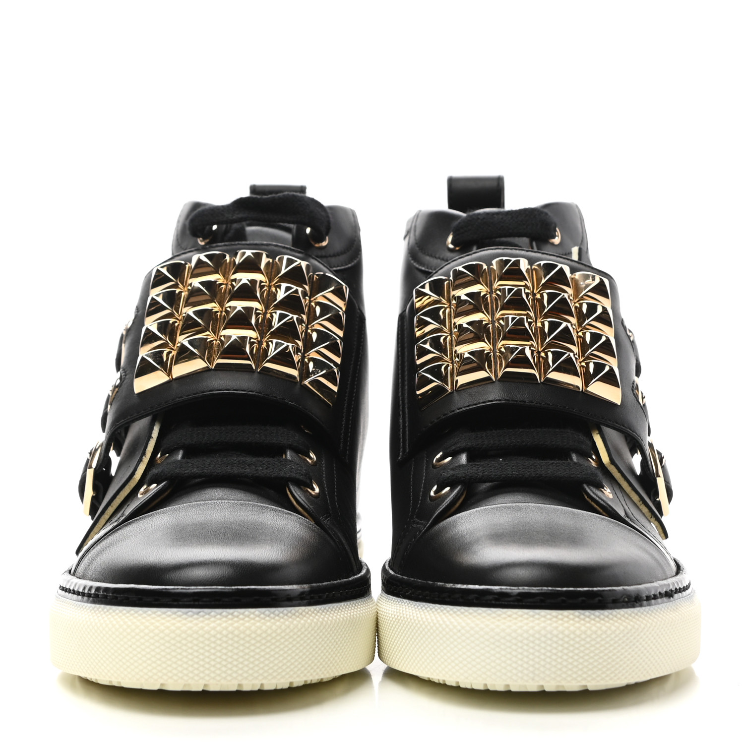 HERMES Calfskin Studded Lennox High Top Sneakers 37 Black