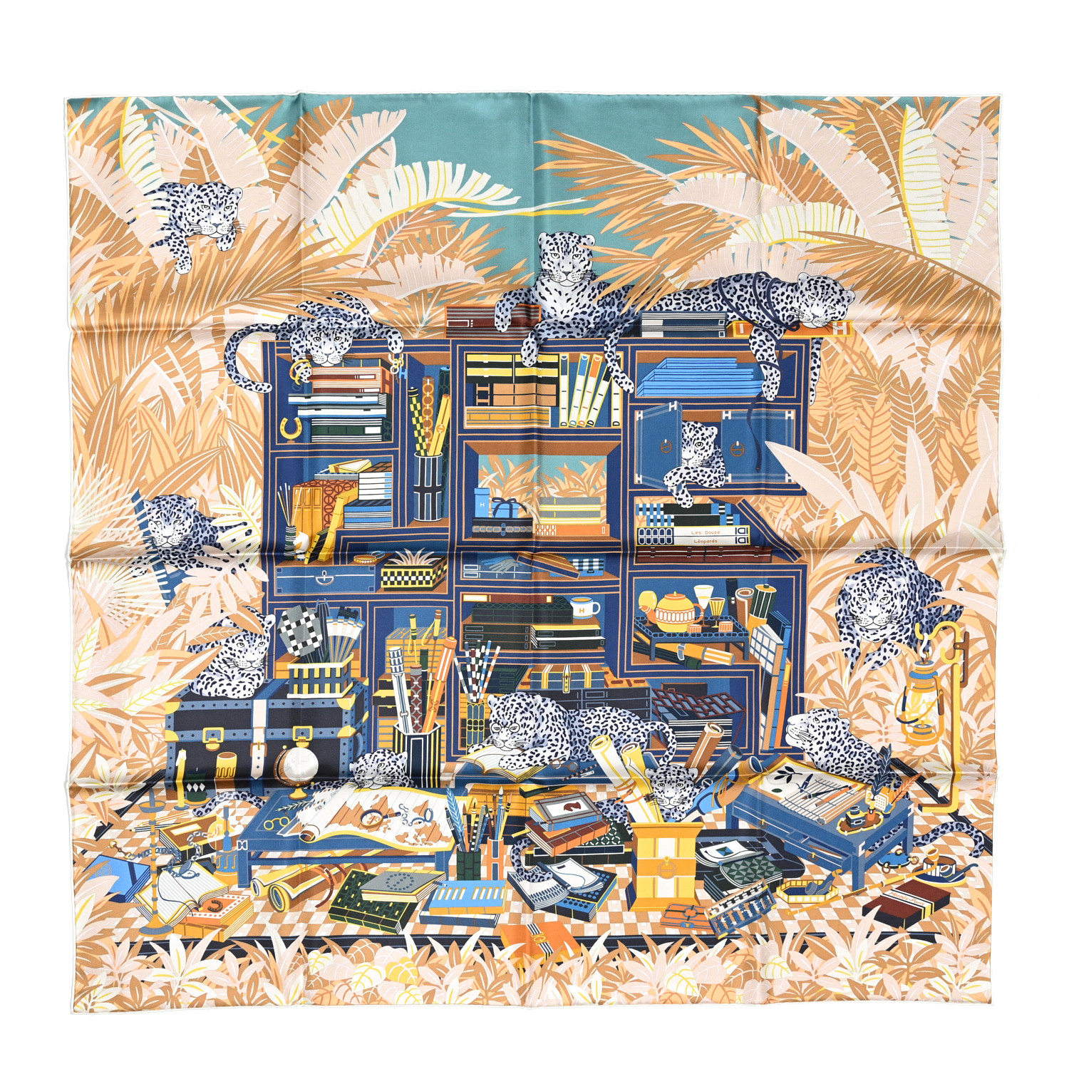 HERMES Silk Les Douze Leopards Scarf 90 Bleu Beige Jaune