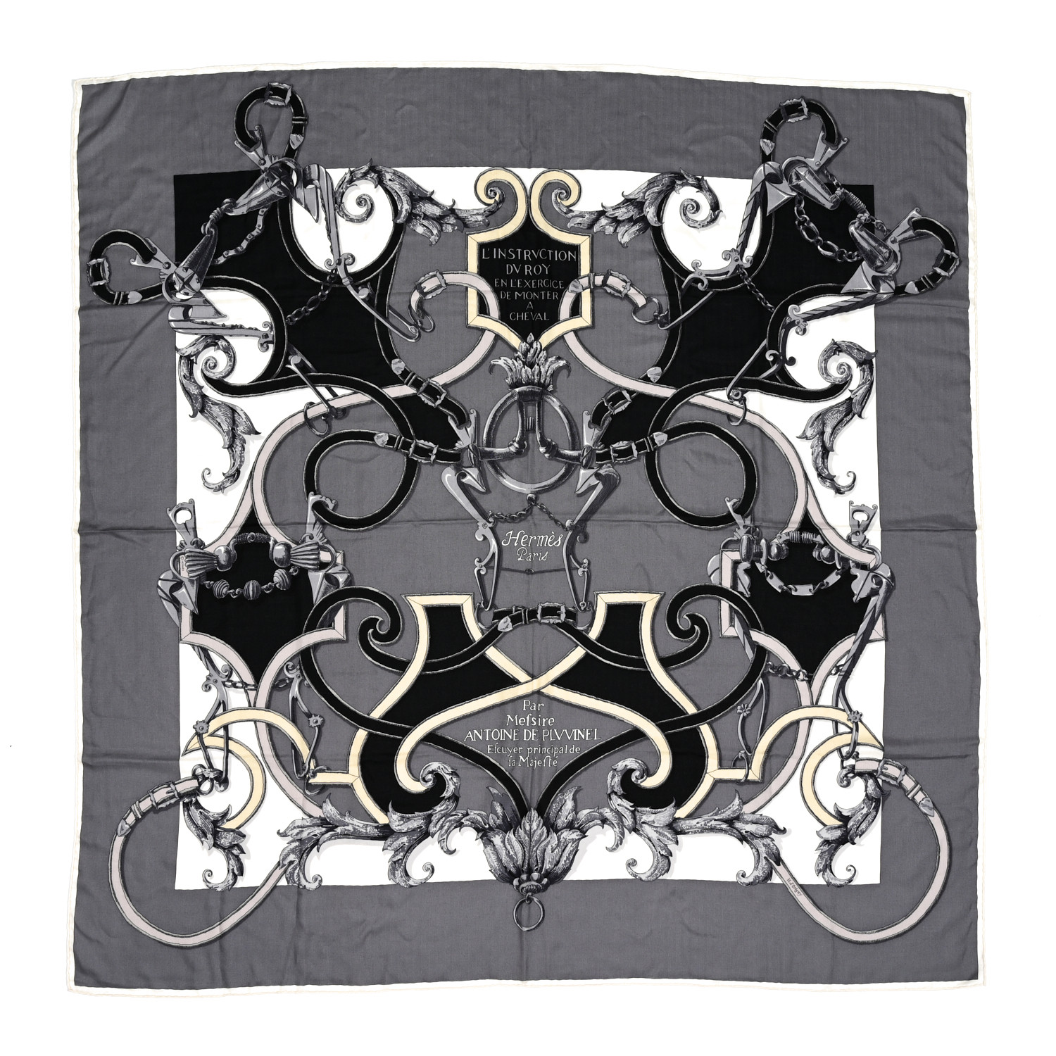 HERMES Cashmere Silk L Instruction Du Roy Shawl 140 Gris