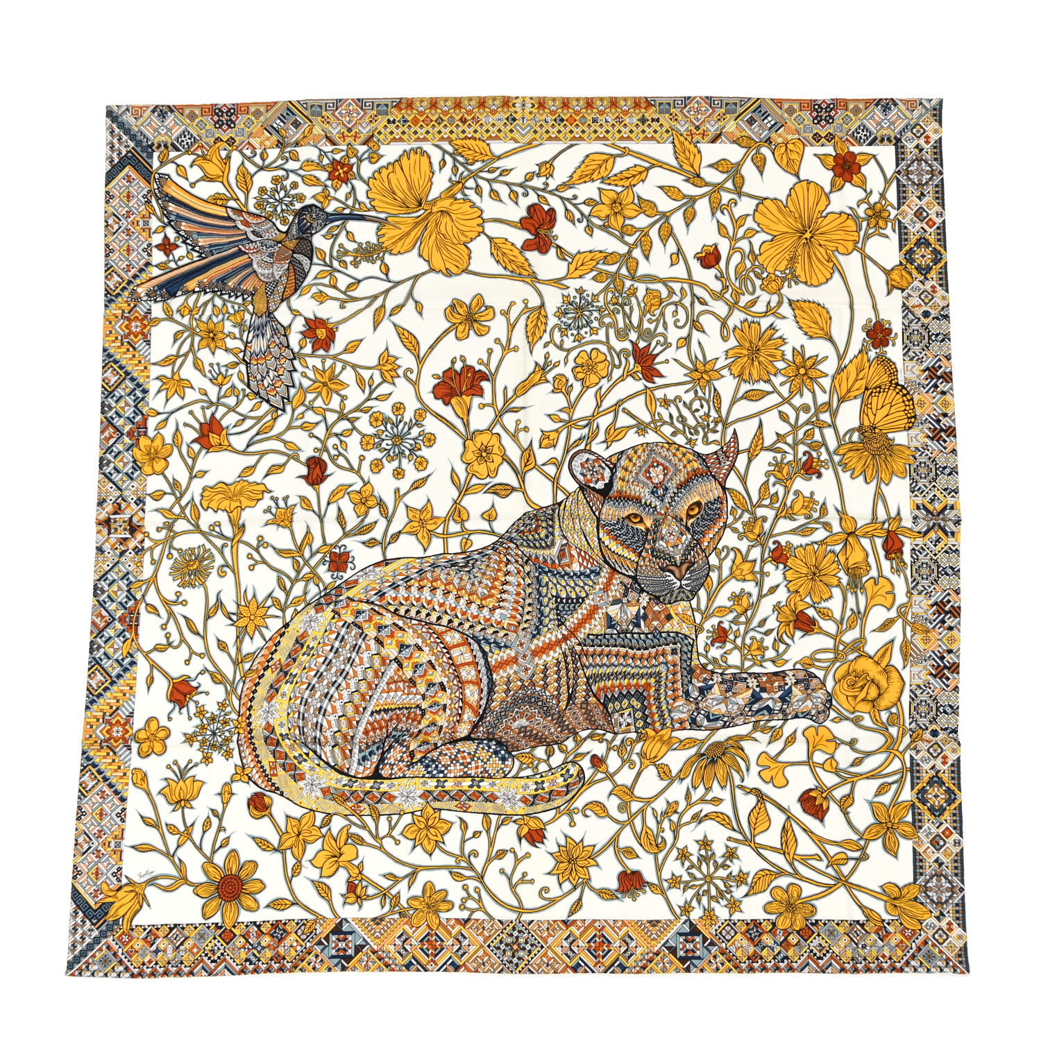 エルメス カシシル Le Jaguar et Le Colibri 140 全色 HERMES Cashmere Silk Le Jaguar Et Le Colibri Shawl 140 White