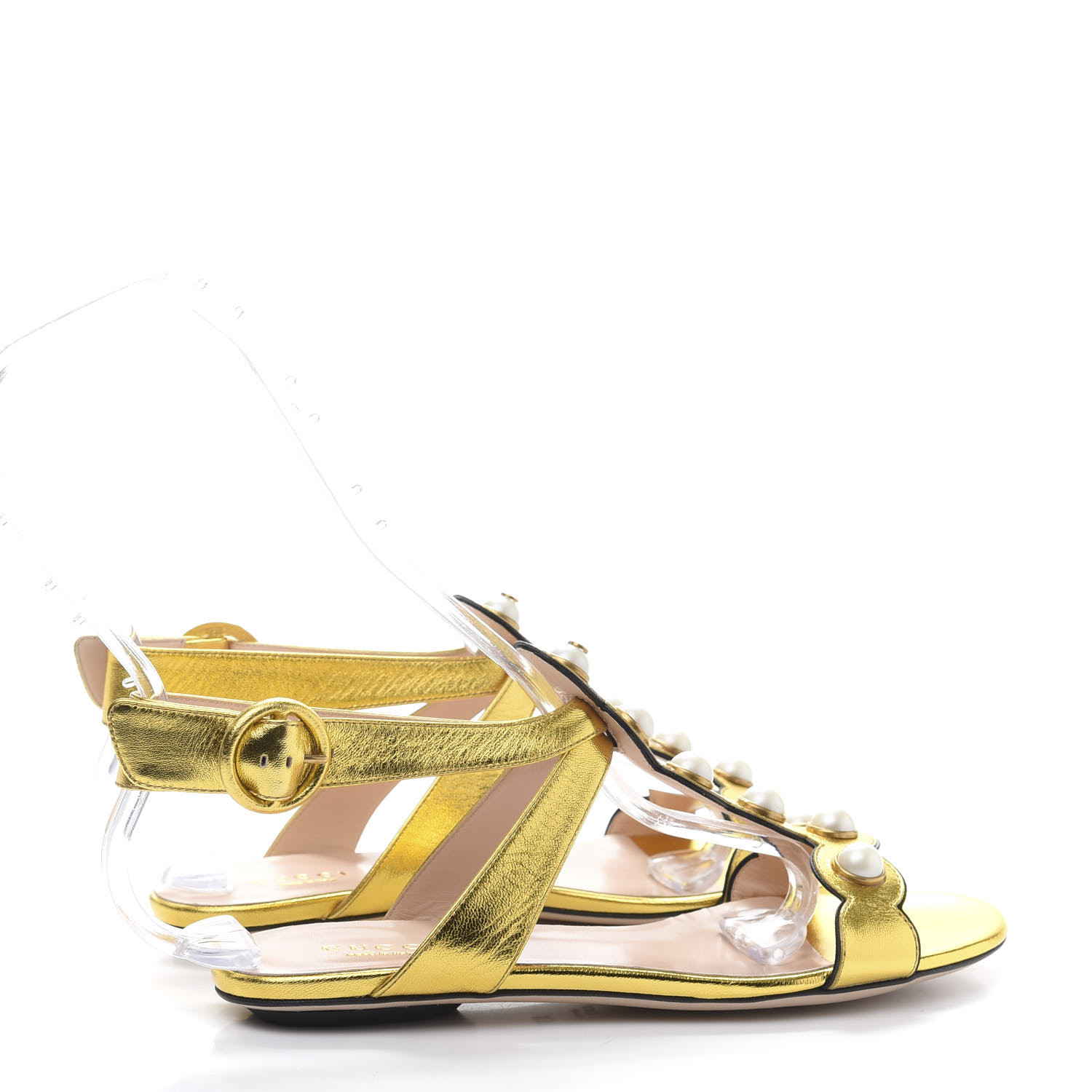 GUCCI Metallic Lambskin Willow Pearl Sandals 35.5 Gold
